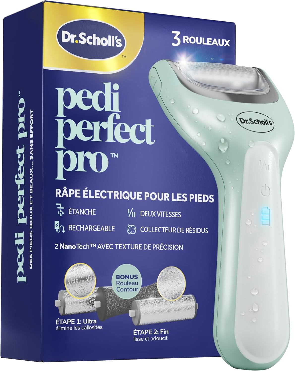 Detalle de Dr. Scholl's Pedi Perfect Pro Râpe Électrique Pieds – 3 Rouleaux Nano Tech, 90 min, Étanche