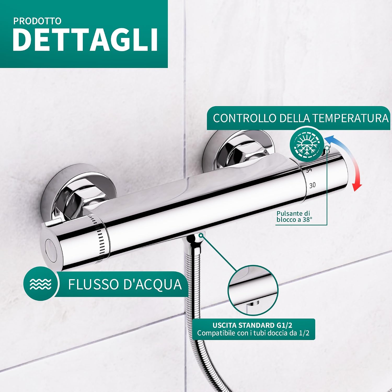 Detalle 2 de MORADO Miscelatore doccia con tubo flessibile da 1,5 m, saliscendi e doccetta 3 funzioni cromo