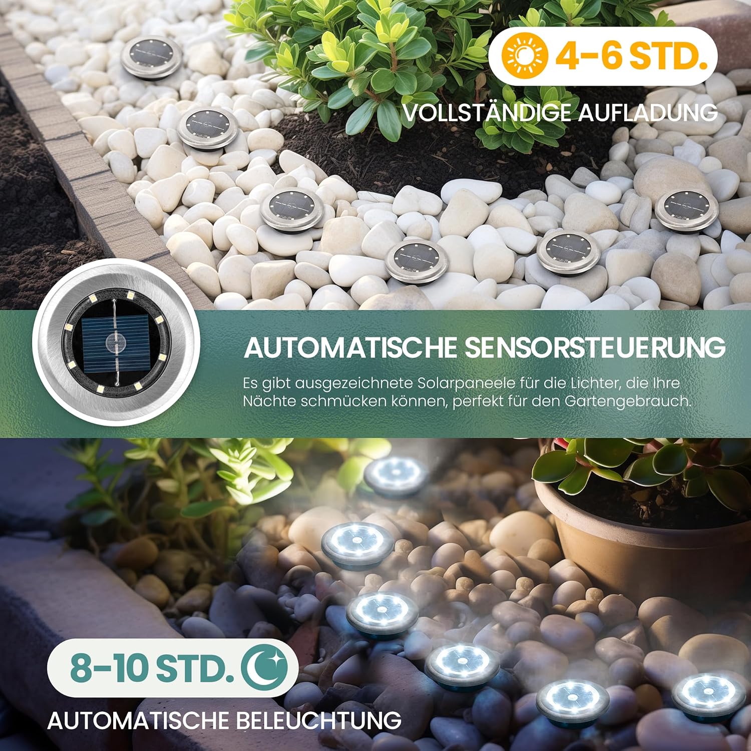 Detalle de Solpex Klein Solar Bodenleuchten – 10er Set, 8 LEDs, Edelstahl, IP65, für Garten und Weg