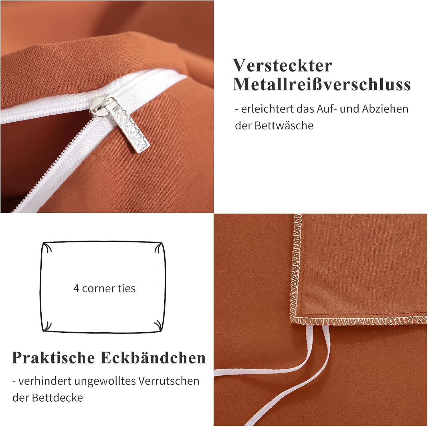 Detalle de Aisbo Bettwäsche 200x200 3-teilig Orange gebrannt (Mikrofaser) mit Reißverschluss