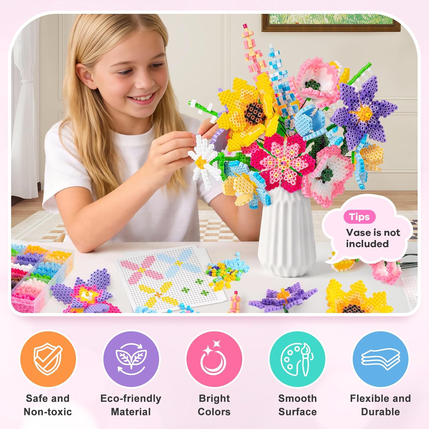 Detalle de WEVOL Bügelperlen Bastelset Blumen mit 4.300 Steckperlen (5 mm), 16 Farben, 14 Vorlagen & Aufbewahrungsbox
