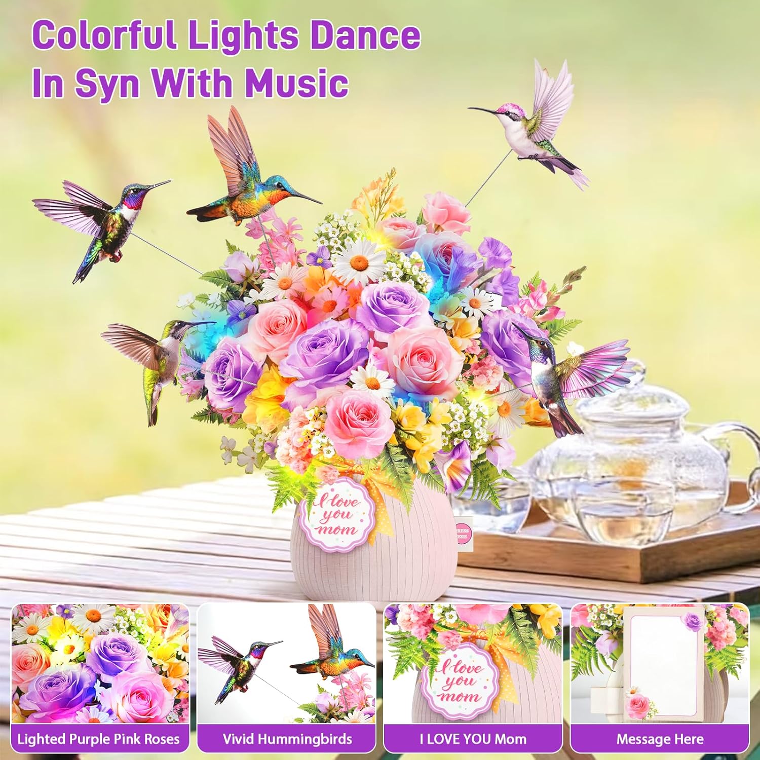 Thumbnail 3 de MZD8391: Music & Lights 3D Pop Up Mother's Day Card with Hummingbirds