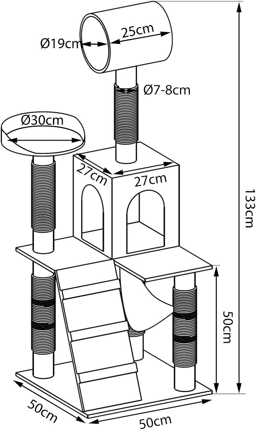 Thumbnail 6 de lionto Kratzbaum mit Höhle, Hängematte & Tunnel – Dunkelgrau, 133 cm