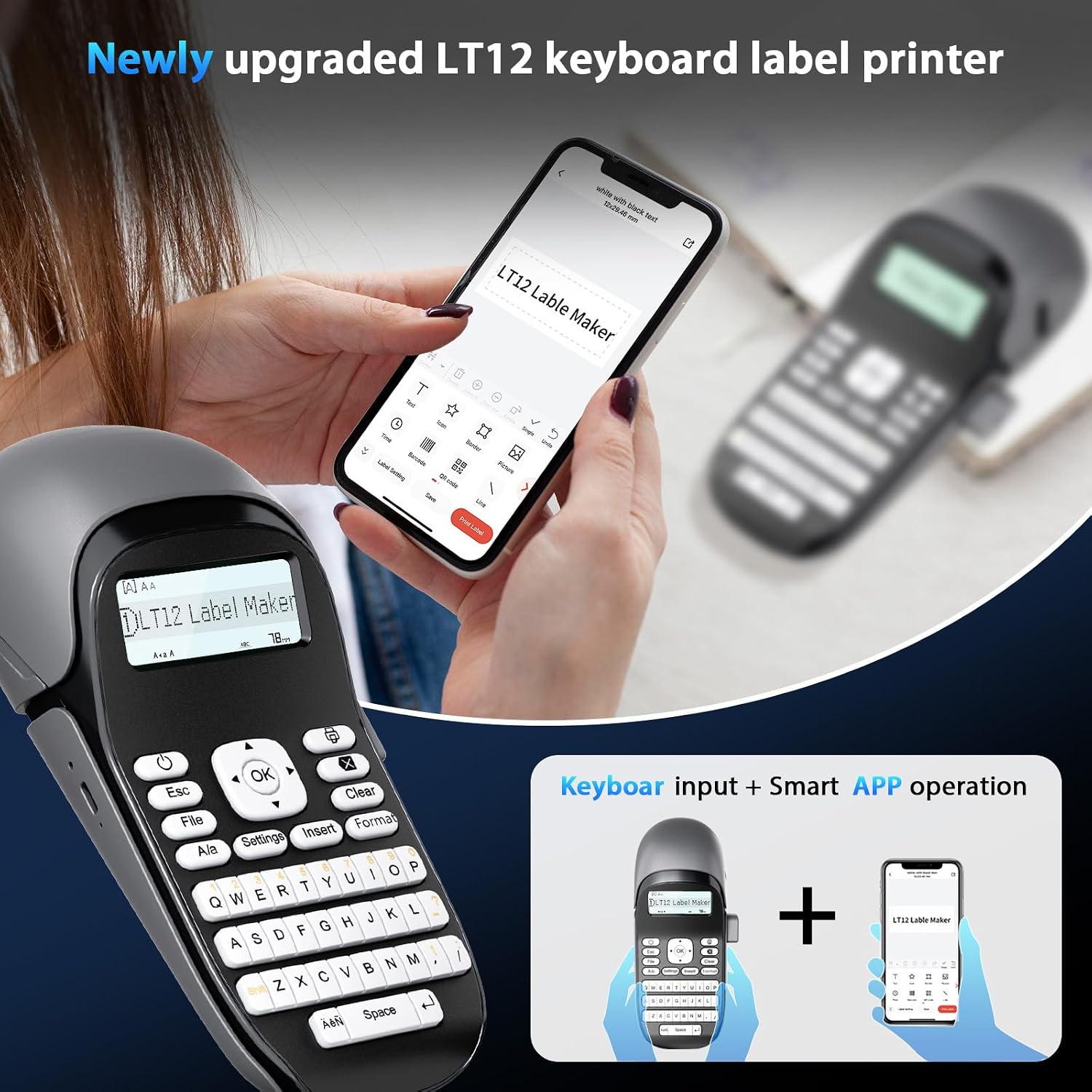 Detalle 2 de Phomemo LT12 Bluetooth : étiqueteuse portable QWERTZ pour bureau et maison (gris)