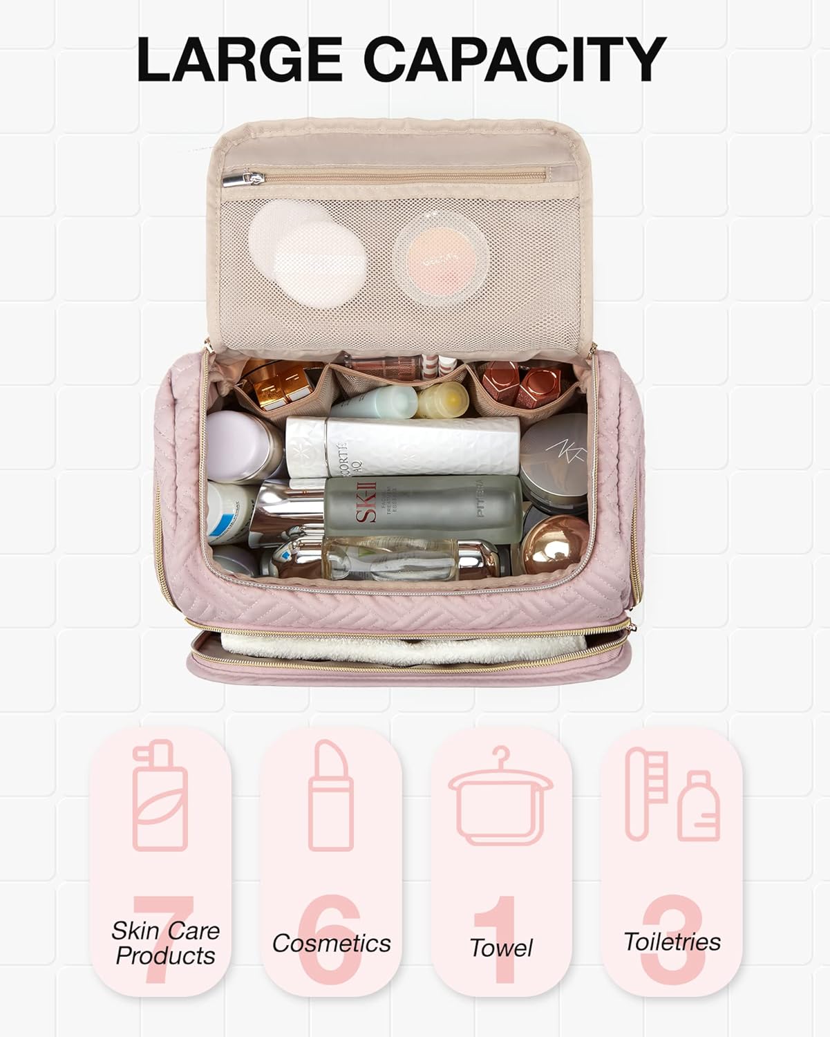 Thumbnail 3 de BAGSMART Travel Toiletry Bag for Women (Large, Pink) – wide-open organiser with dry/wet separation