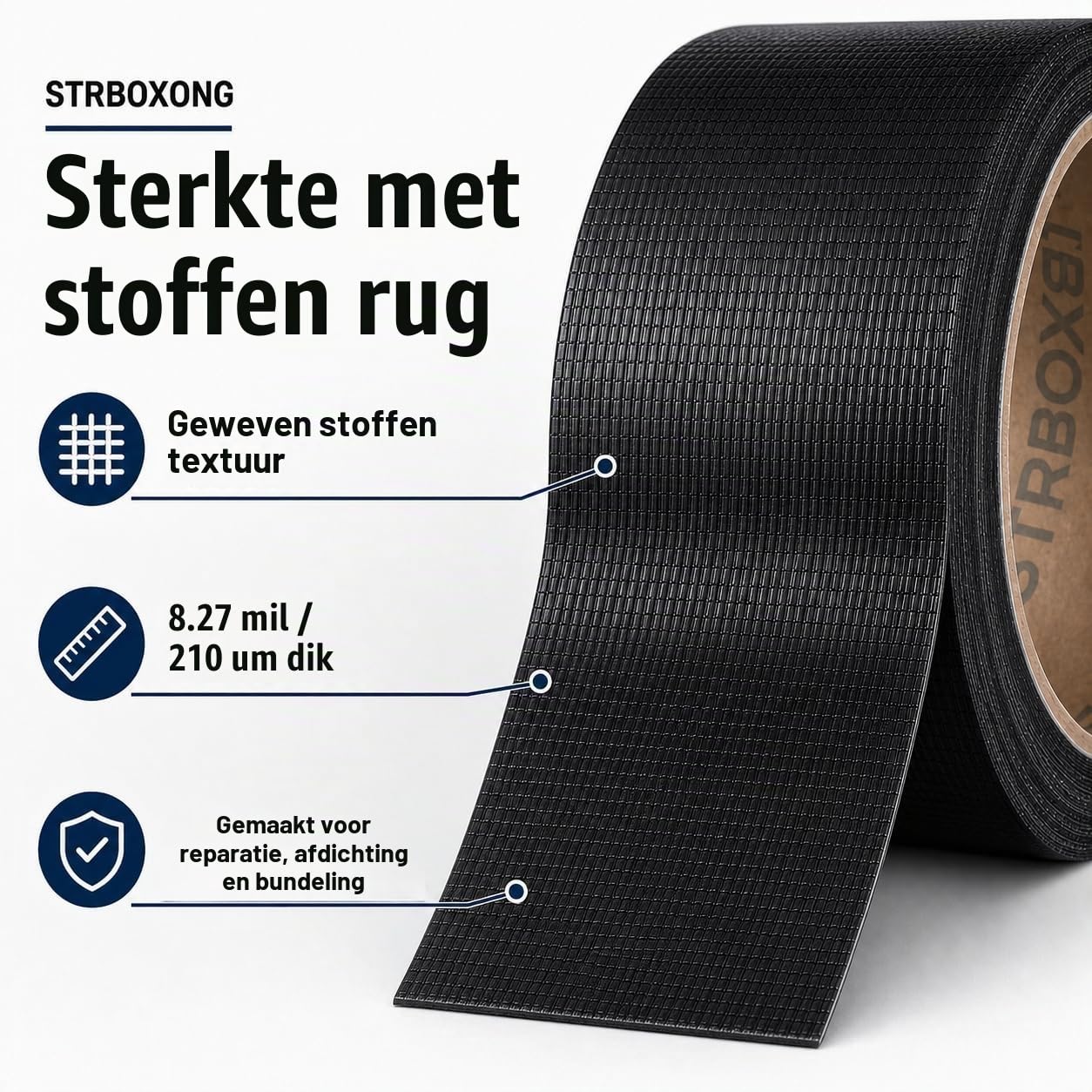 Detalle 2 de STRBOXONG STRBOXONG-Duct Tape, zwart, 48 mm x 20 m, 210 micron, 3 rollen