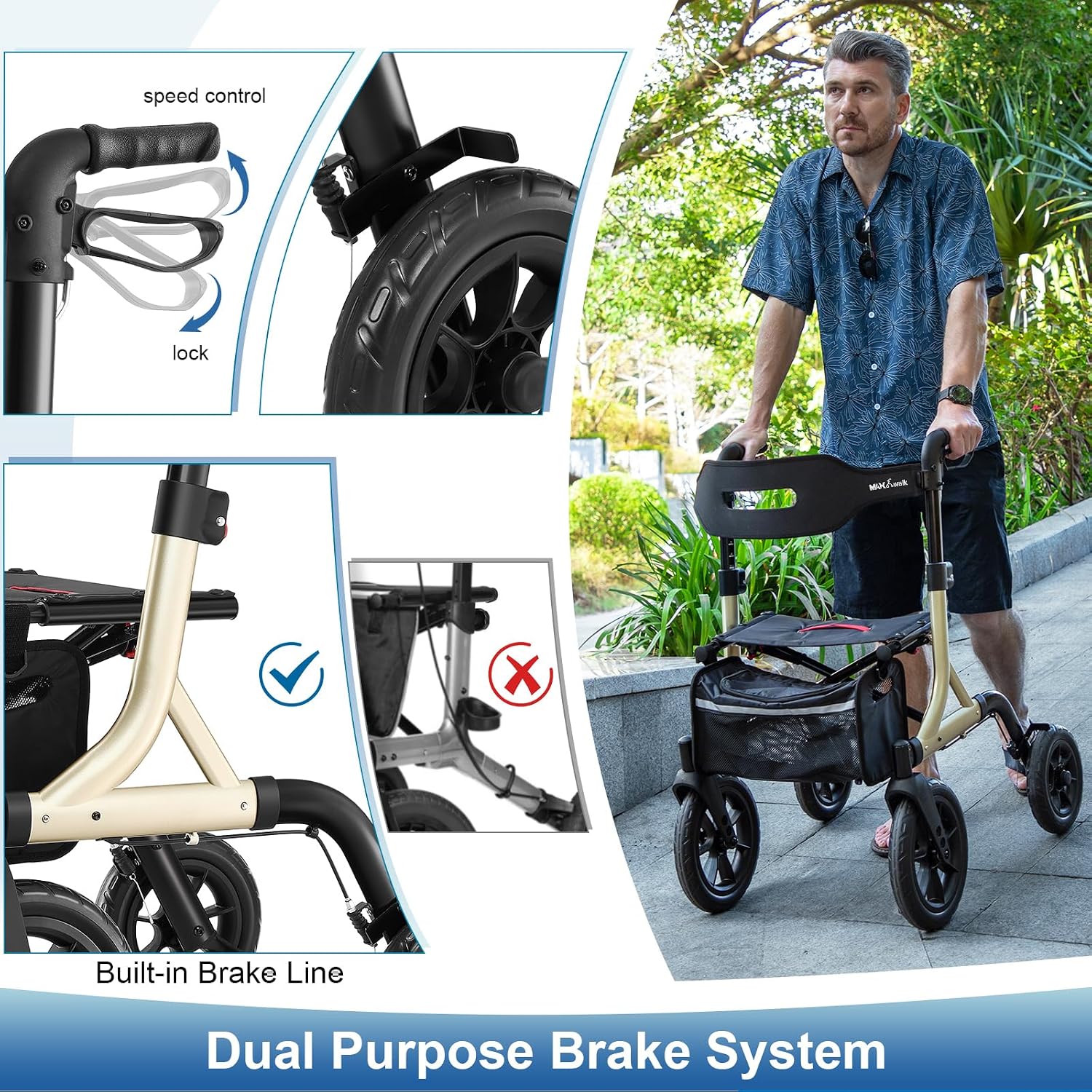 Detalle de MAXWALK RL-A42093W12 Rollator Walker with Seat, 12-Inch Wheels, Gold