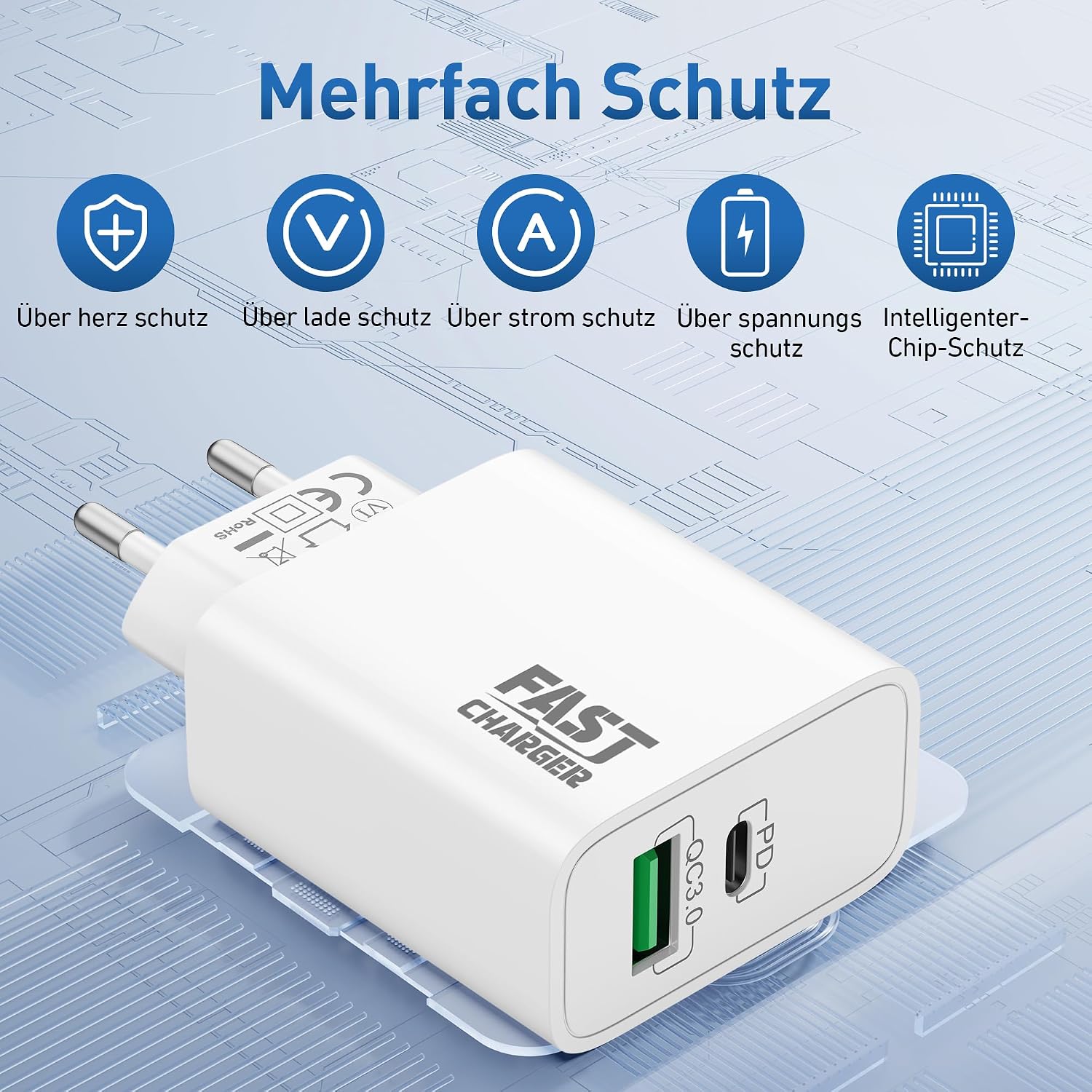 Detalle de 40W 2-Port USB‑C Ladegerät (PD/ QC) mit 2× 2‑Meter Kabel – 2‑Pack für iPhone & iPad