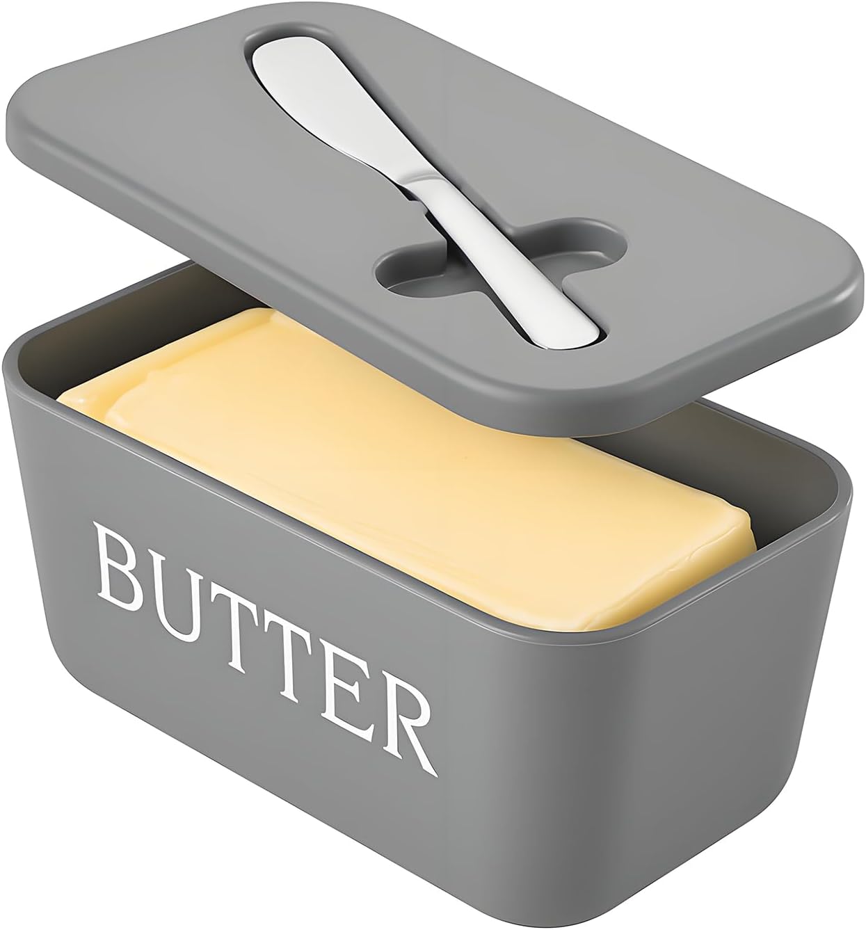 Plastic Large Butter Dish With Lid — Grey, BPA-Free PP, Includes Stainless Steel Butter Knife