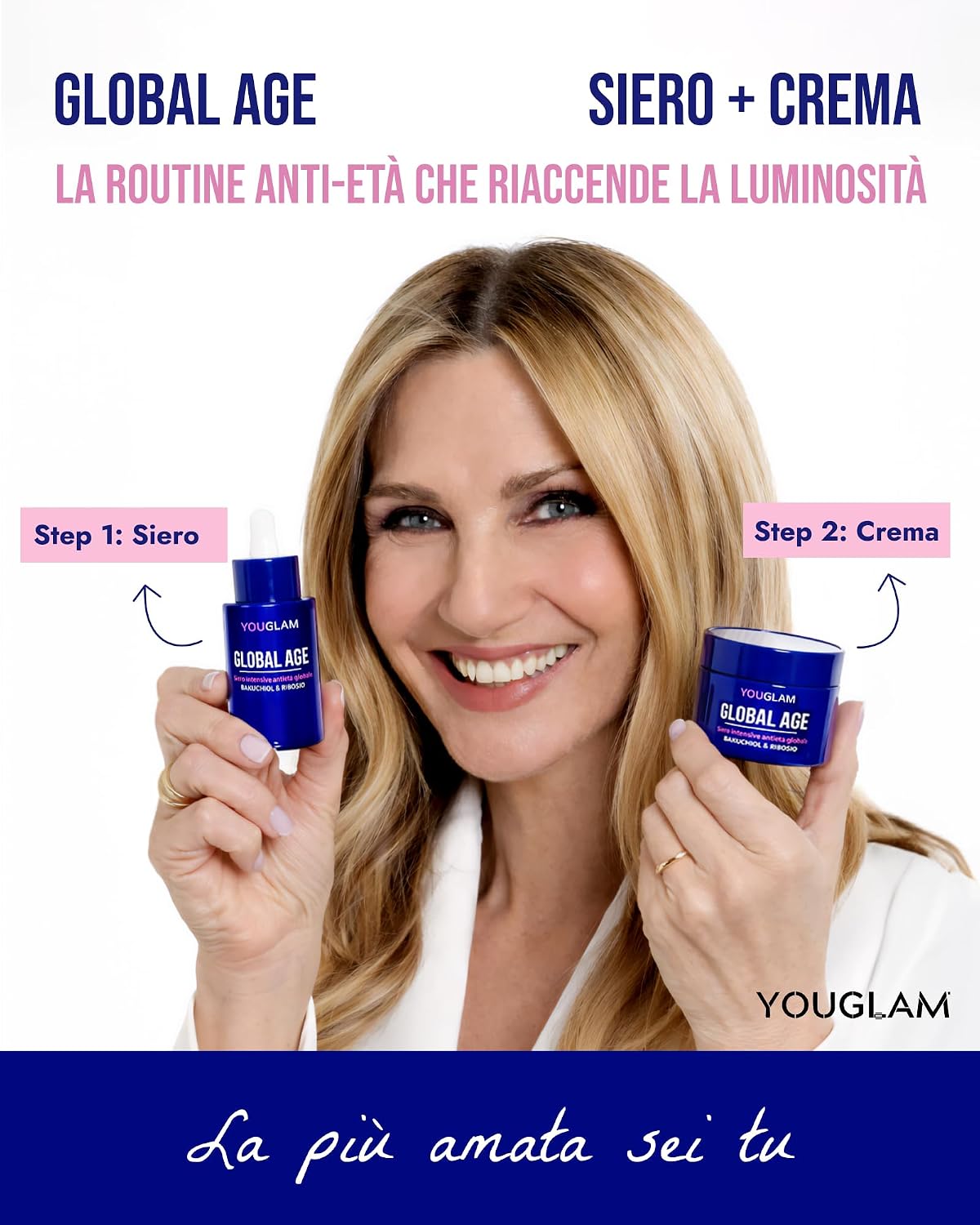 Detalle de YOUGLAM Global Age siero viso antirughe con acido ialuronico, bakuchiol e ribosio (30 ml)