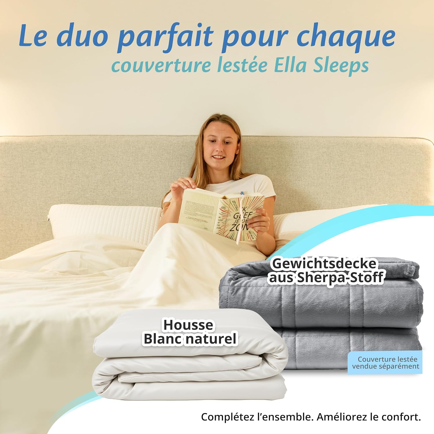 Detalle de Ella Housse de Couette 200x200 cm pour Couverture Lestée – 100% Coton – Pour 11 kg et 13 kg | Blanc Naturel