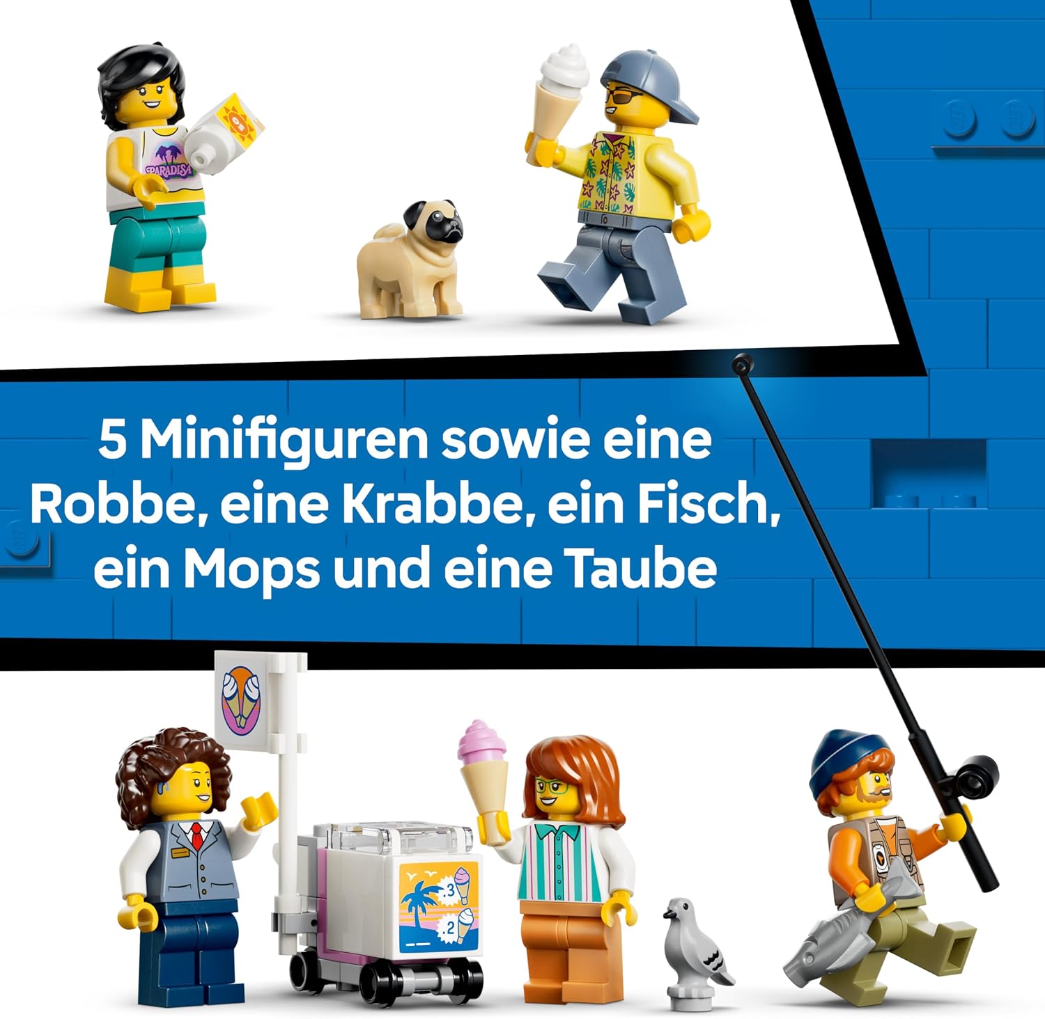 Thumbnail 6 de LEGO City Klassische Strandstraßenbahn 60506 – Spielset mit Bahn, Anlegestelle, Eiswagen, 5 Minifiguren und 5 Tierfiguren