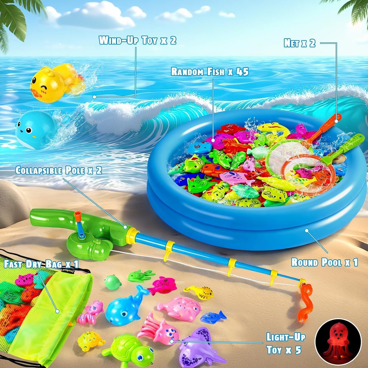 Detalle 2 de XXL Angelspiel Magnetisch mit 5 LED Meerestieren – 2-Spieler Wasserspiel für Garten, Pool & Badewanne (ab 3 Jahren)