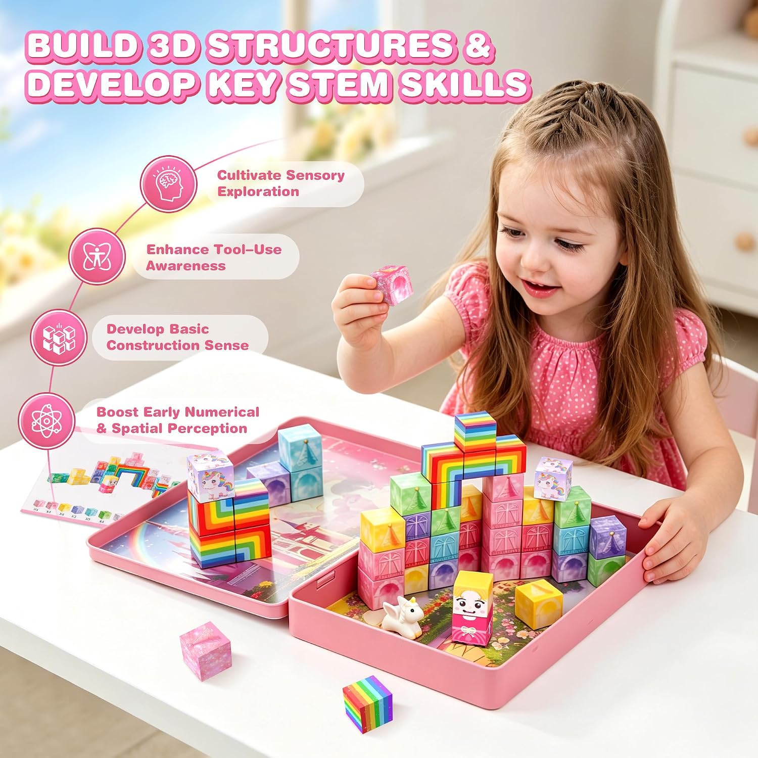 Detalle de Mini Magnetic Blocks Travel Set, 52-Piece Unicorn Building Cubes with Tin Case
