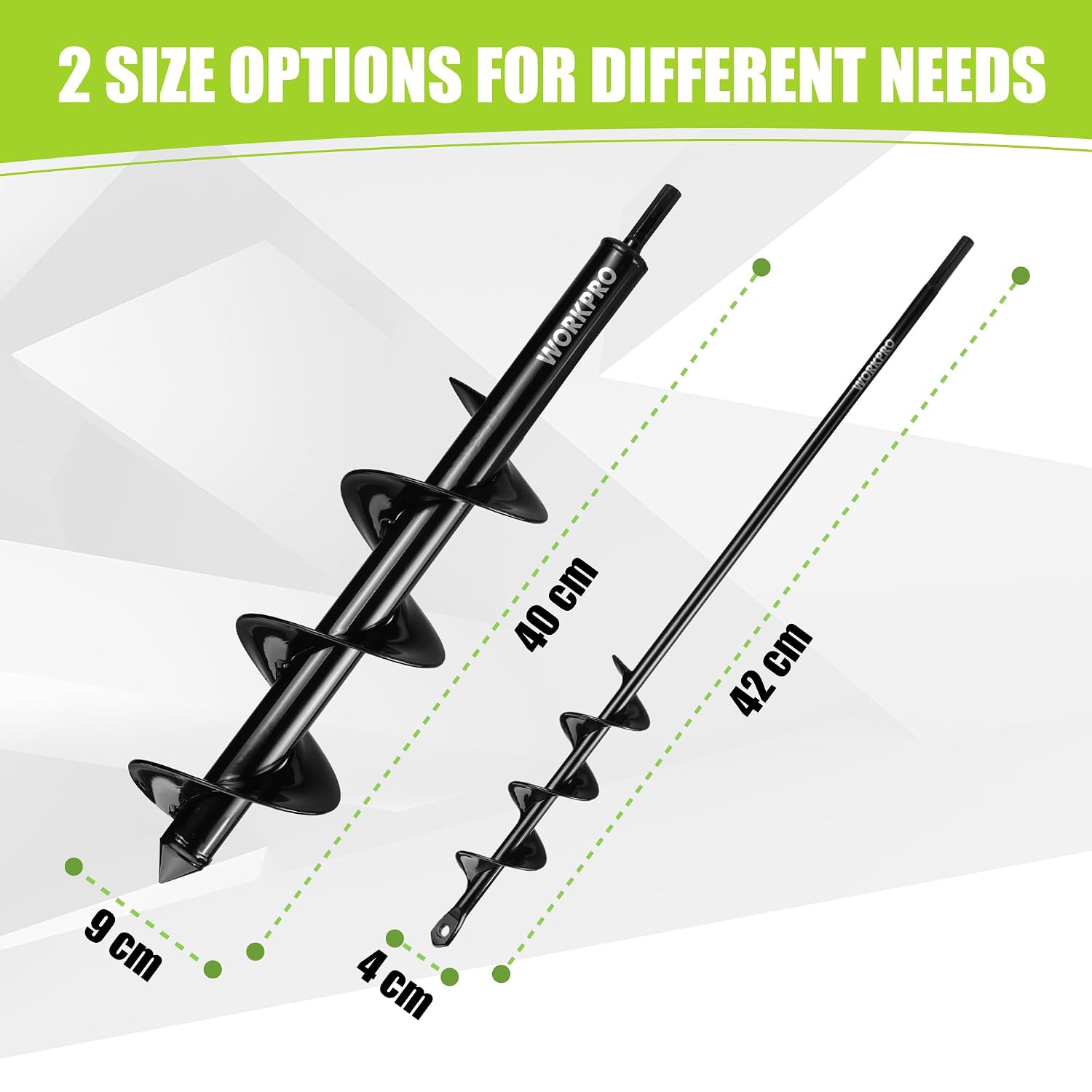 Thumbnail 1 de WORKPRO Dual-Size Auger Drill Bit Set with Hex Drive (4 x 42 cm & 9 x 40 cm) – Bulb Planter & Post Hole Digger