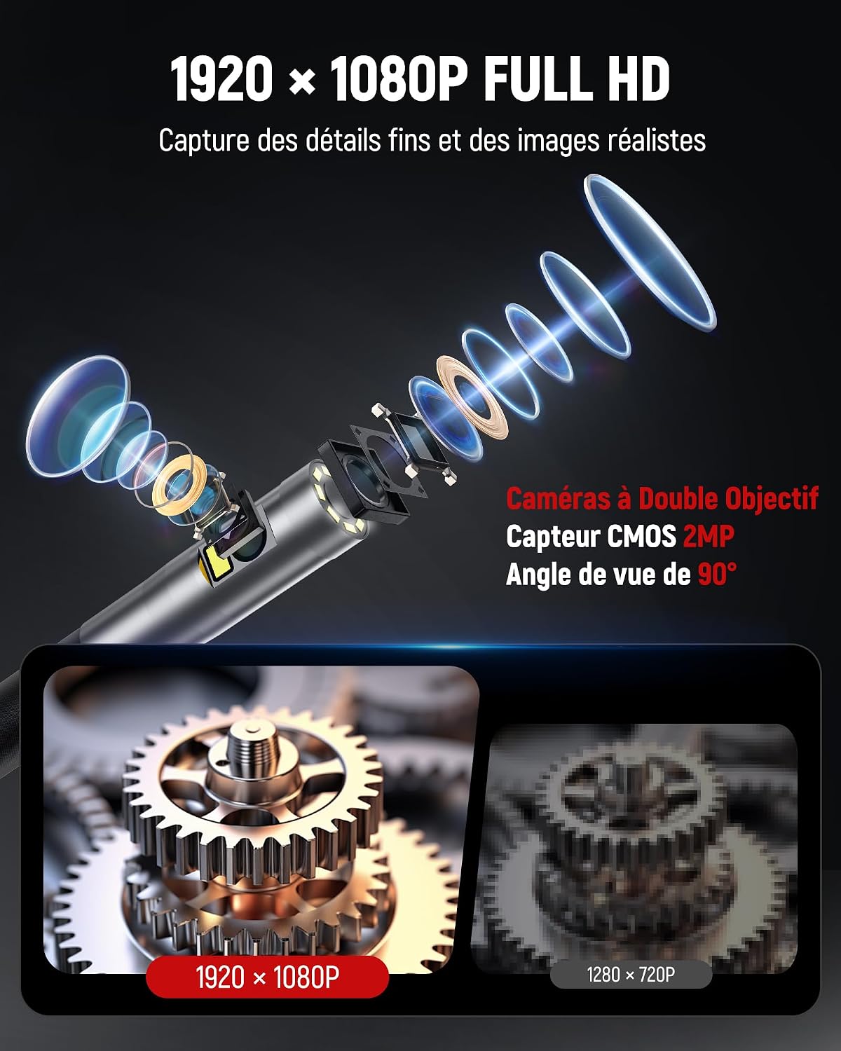 Thumbnail 3 de KAIWEETS caméra endoscopique articulée double objectif 210° avec éclairage et écran IPS 1080P