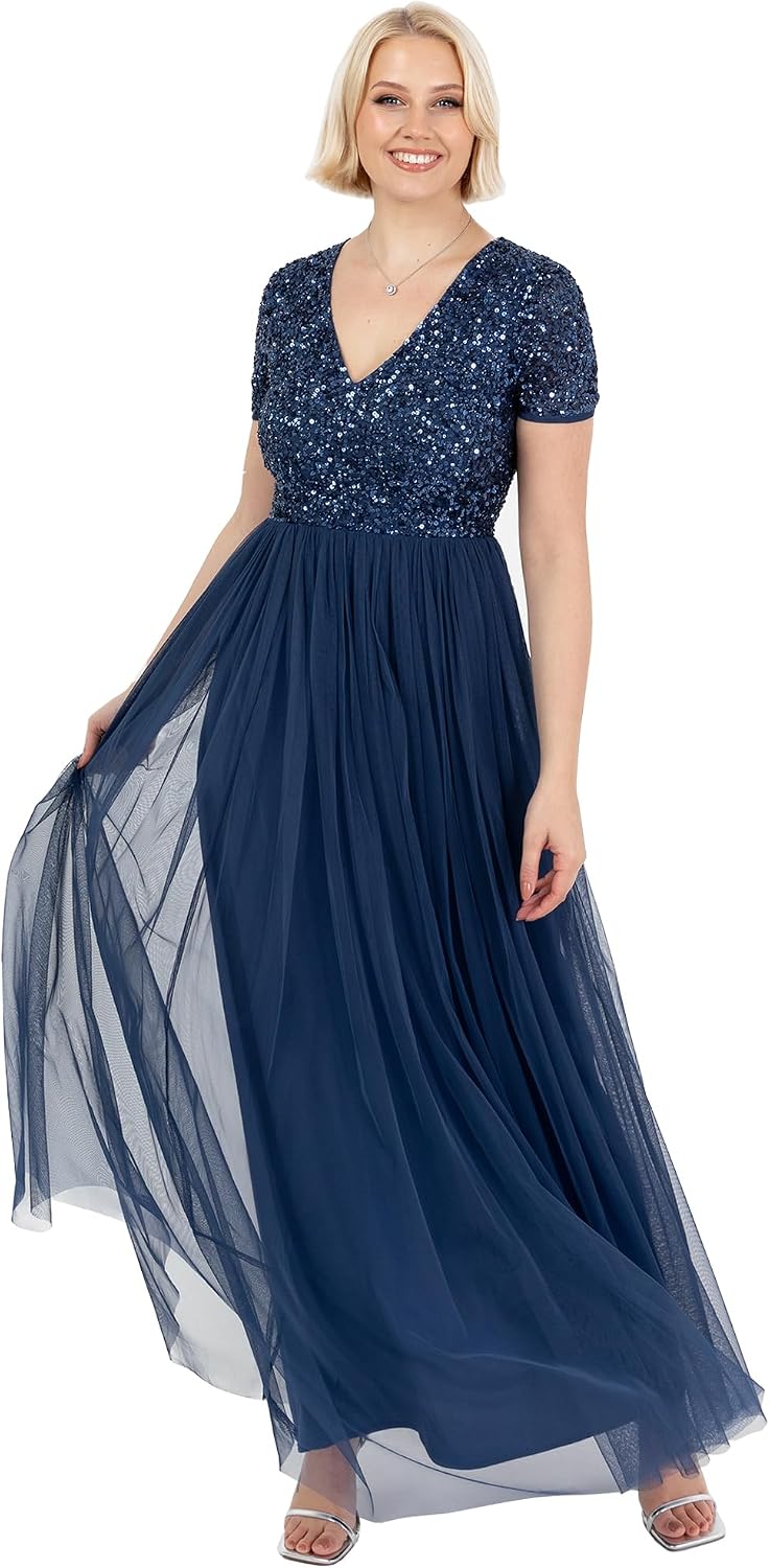 Detalle de Maya Deluxe Deluxe Women’s Sequin Empire High-Waist Short Sleeve Dress (Plus Size) for Wedding Guests