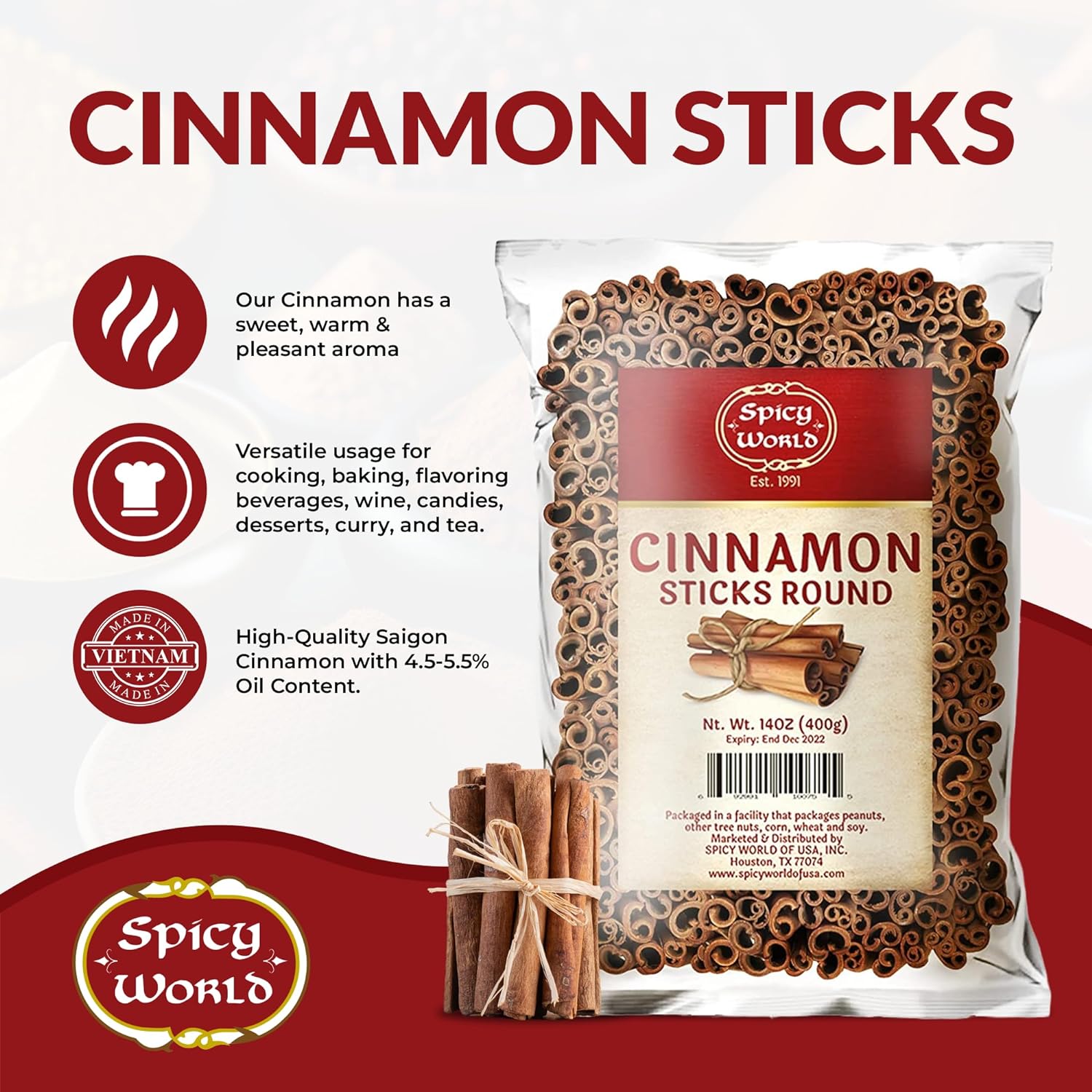 Detalle 2 de Spicy World Cassia Cinnamon Sticks, 14 oz Bag, 3+ Inches, Vietnam-Sourced