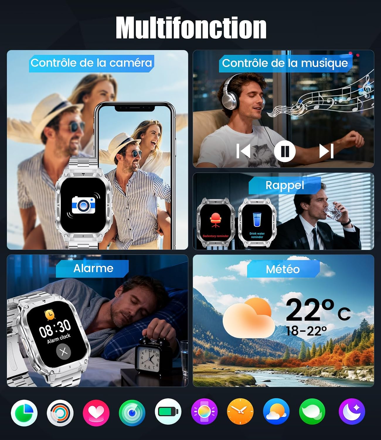 Detalle de FitVigor Montre connectée homme FitVigor, écran HD 2'' et lampe LED intégrée