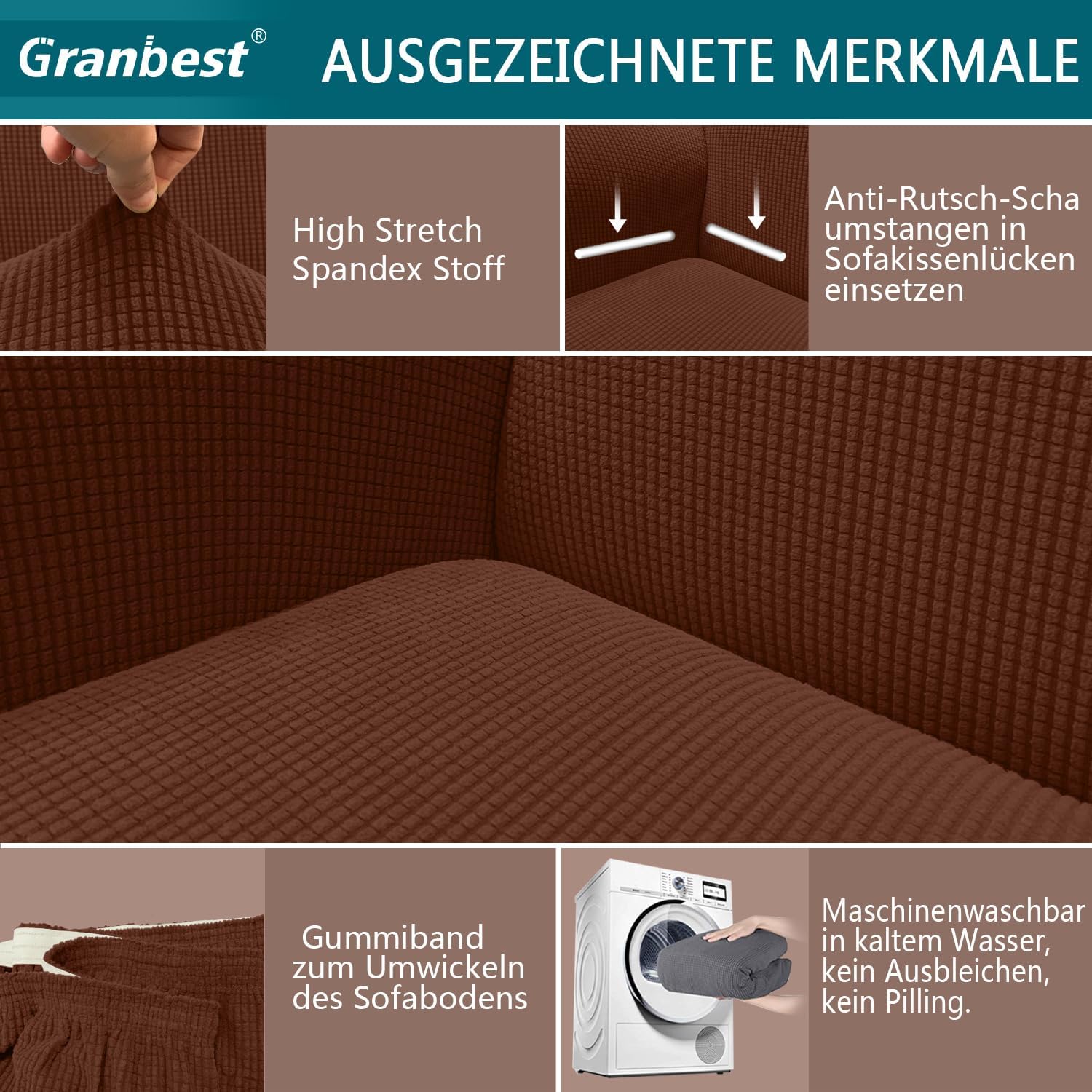 Detalle de Granbest copridivano jacquard altamente elasticizzato (2 posti) “caffè” con protezione per cani e animali