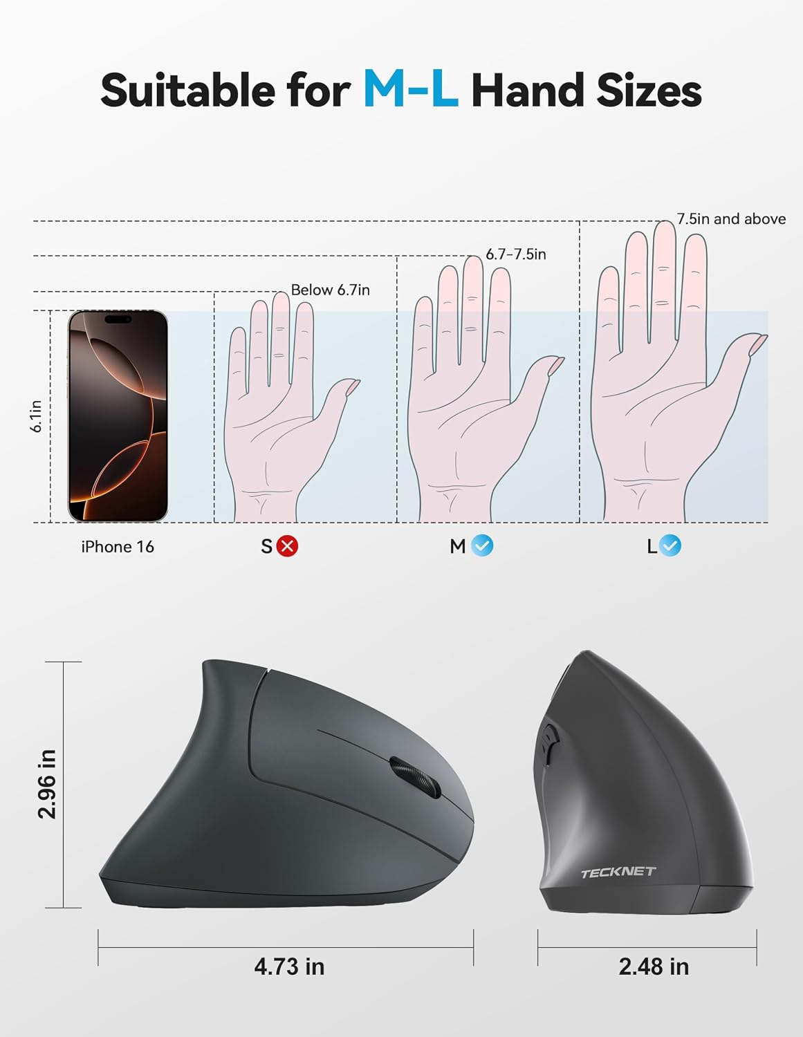 Detalle de TECKNET Ergonomic Mouse: Wireless Right-Handed Vertical Mouse with BT/USB-A, 6-Button, 4800 DPI, Quiet Clicks