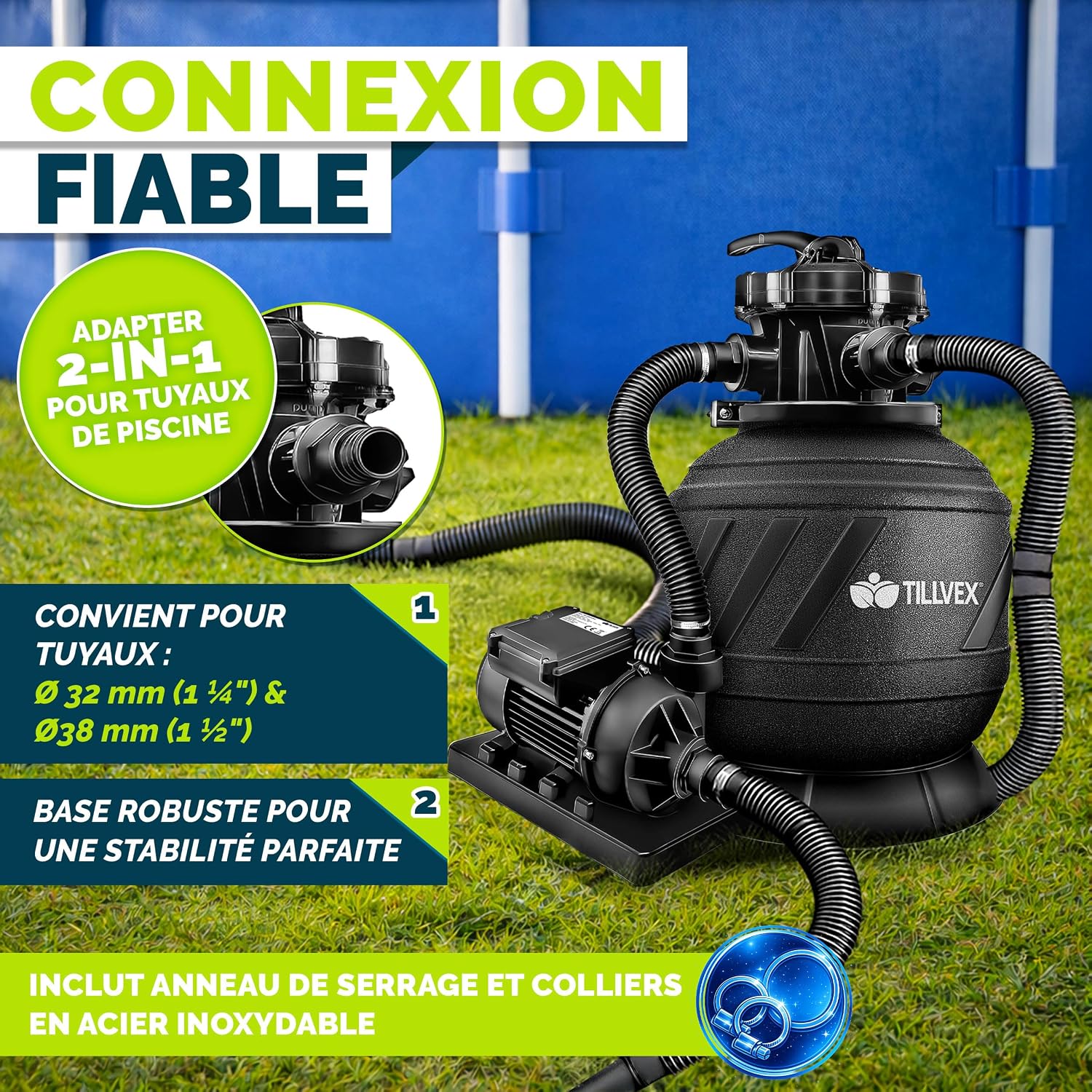 Detalle de Système de filtre à sable tillvex® 7.900 L/h avec vanne 7 voies et indicateur de pression (adaptateur 2en1 Ø32-38 mm)