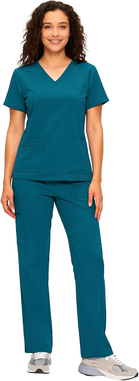 Detalle de COZYFIT Women's Scrubs Set, V-Neck Top and Straight Cargo Pants, 12 Pockets