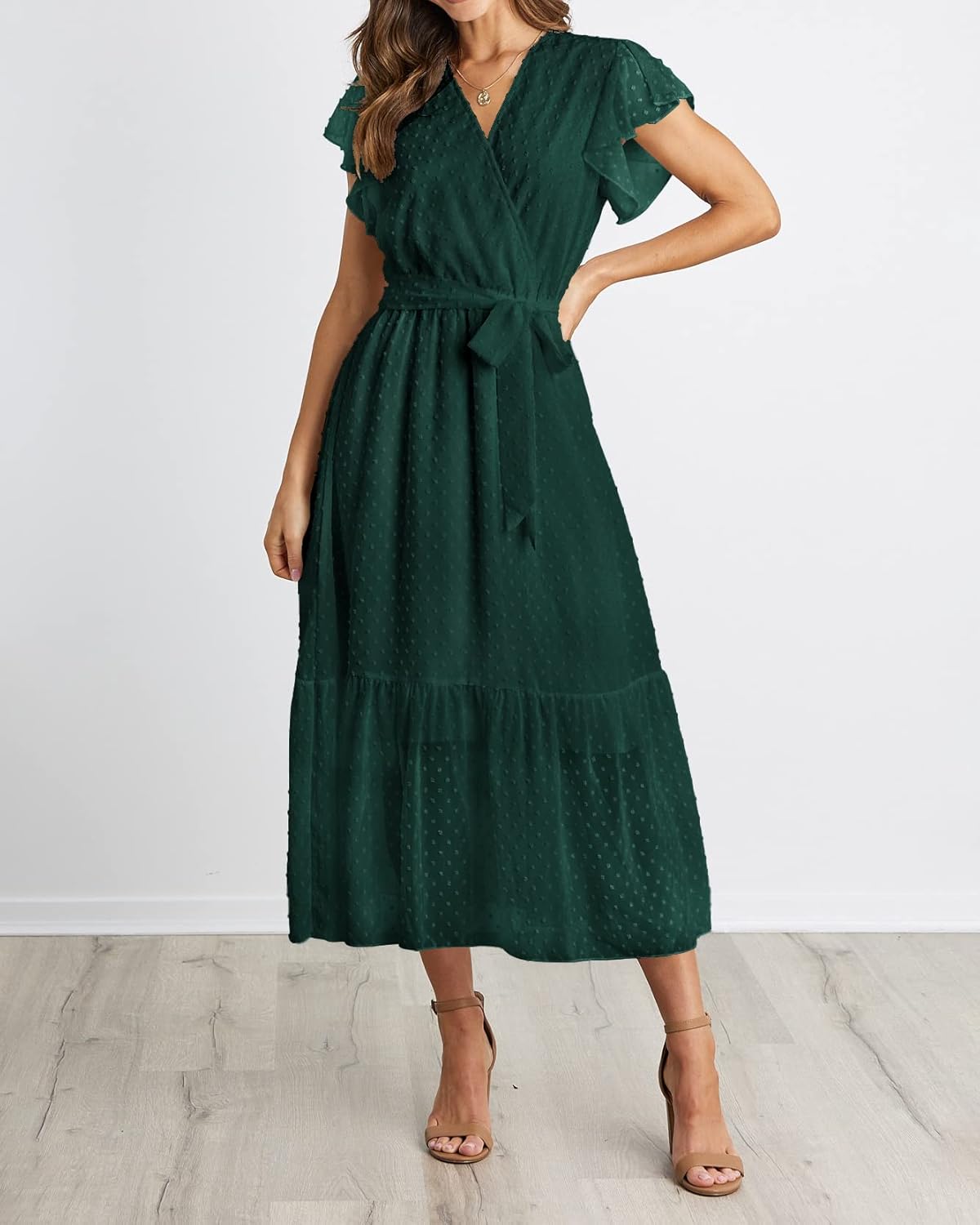 Thumbnail 6 de BTFBM Women Summer Bohemian Floral Wrap Midi Dress with V-Neck and Pleated Hem