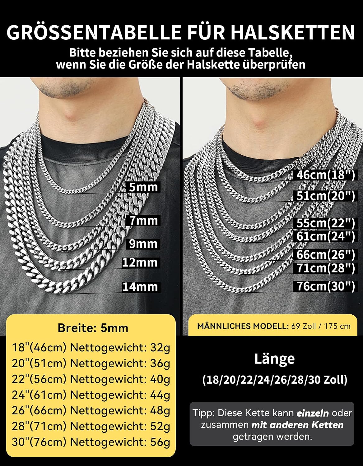Detalle de ChainsHouse Panzerkette Miami – 5/7/9/12 mm, Edelstahl 316L, 66 cm, silber/gold/schwarz