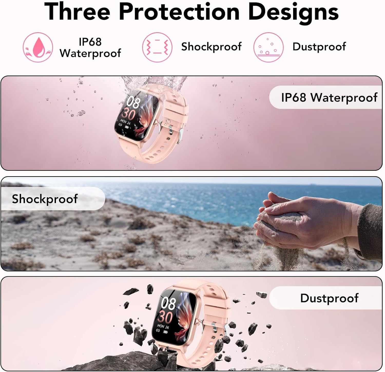Thumbnail 6 de CASCHO Montre connectée 1,85" HD avec Bluetooth 5,3, tél ouphonie, suivi sport et santé IP68 (rose)
