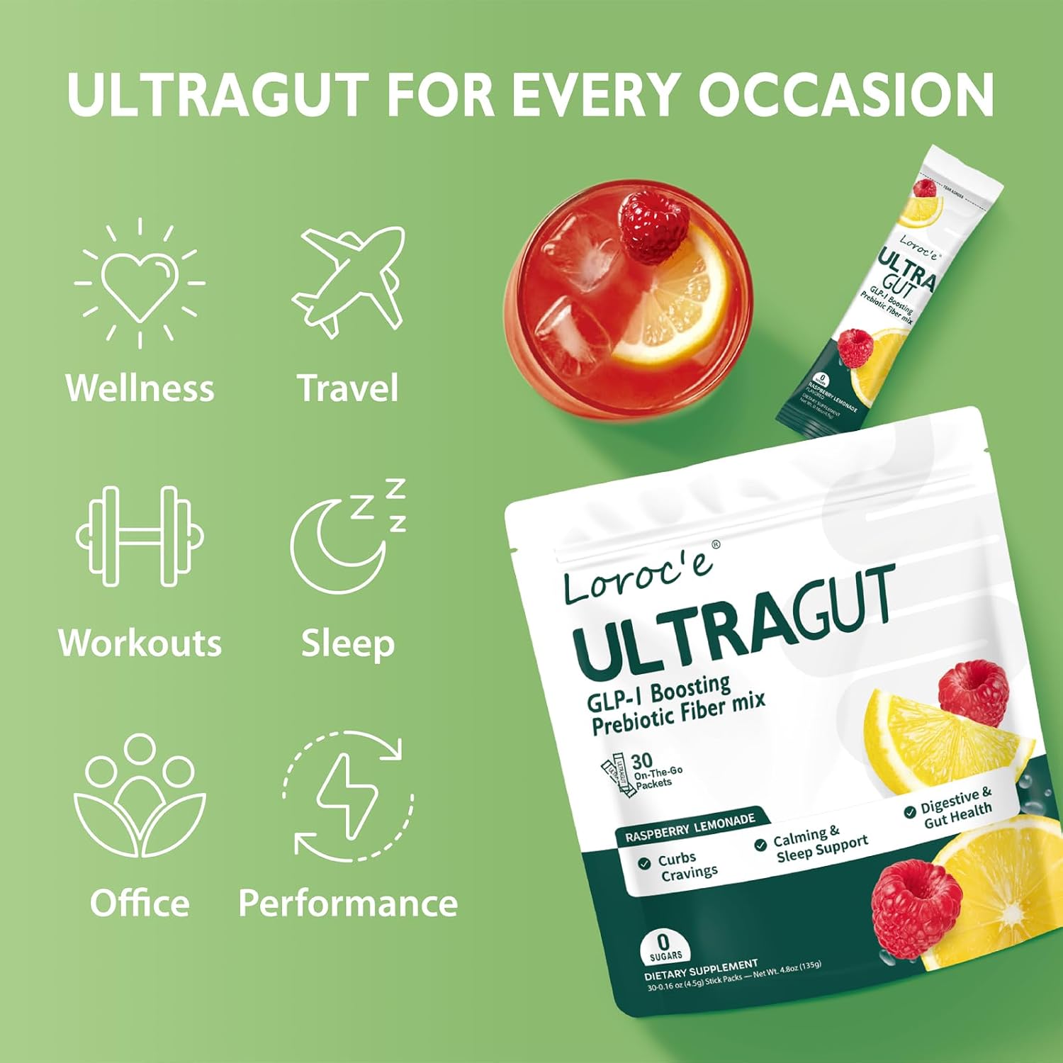 Detalle 1 de Loroc'e UltraGut GLP-1 Booster Fiber Drink, Raspberry Lemonade, 30 Servings