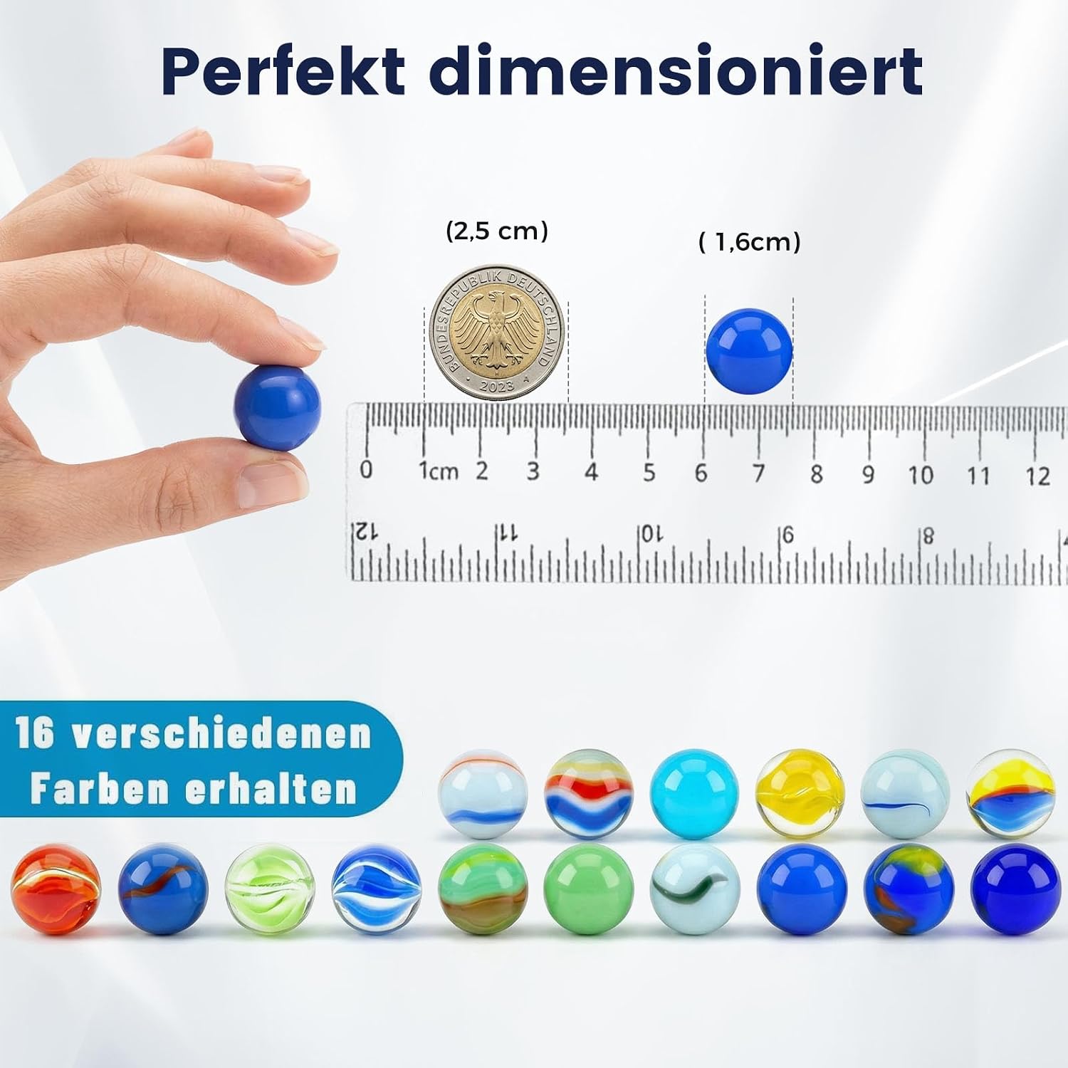 Detalle de HAKACC Glasmurmeln 160er Set, 16 mm – farblich gemischte Murmeln mit Muster, ideal für Spiel, Deko & DIY