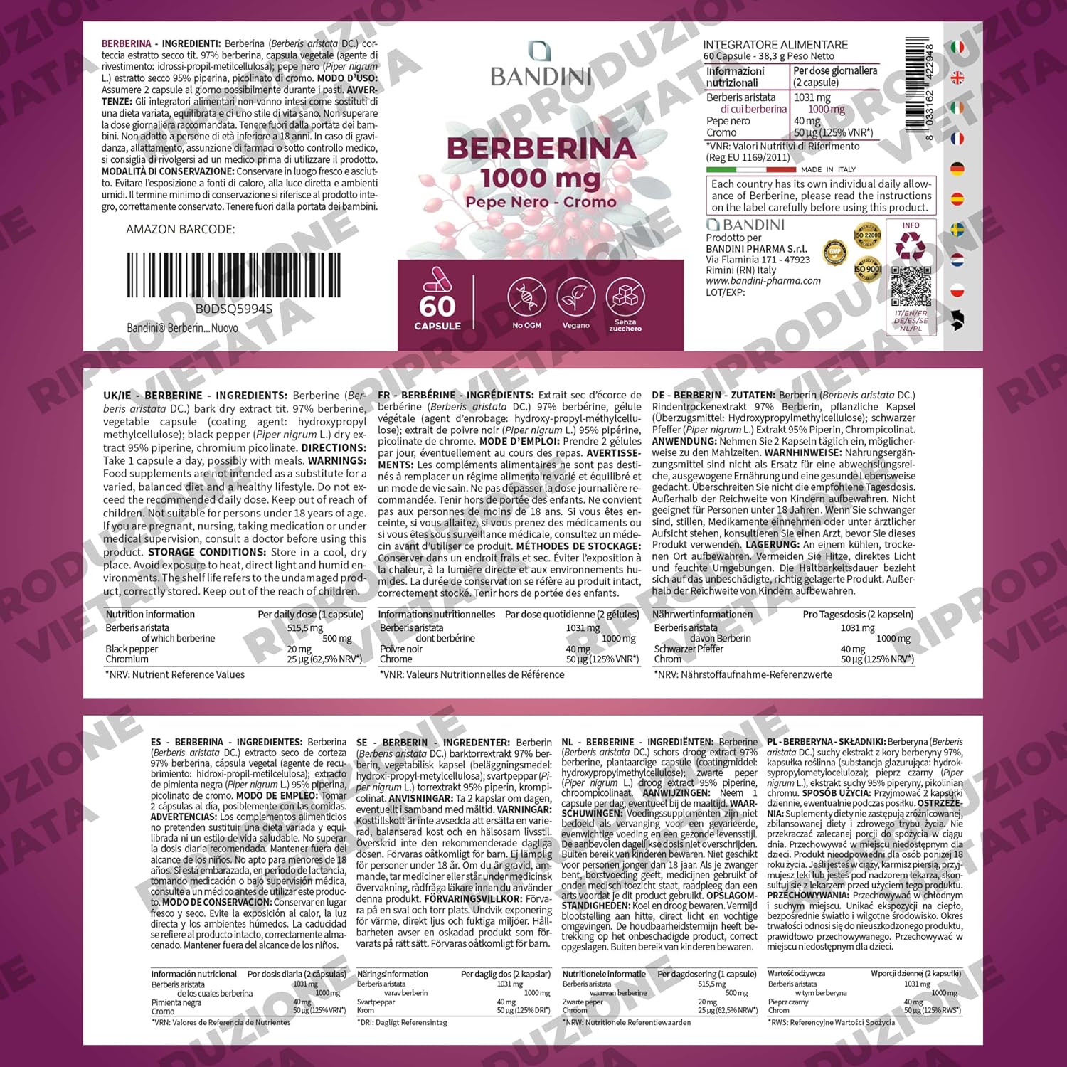 Detalle 1 de BANDINI Berberine 1000 mg, 60 vegan capsules met chroom en zwarte peper