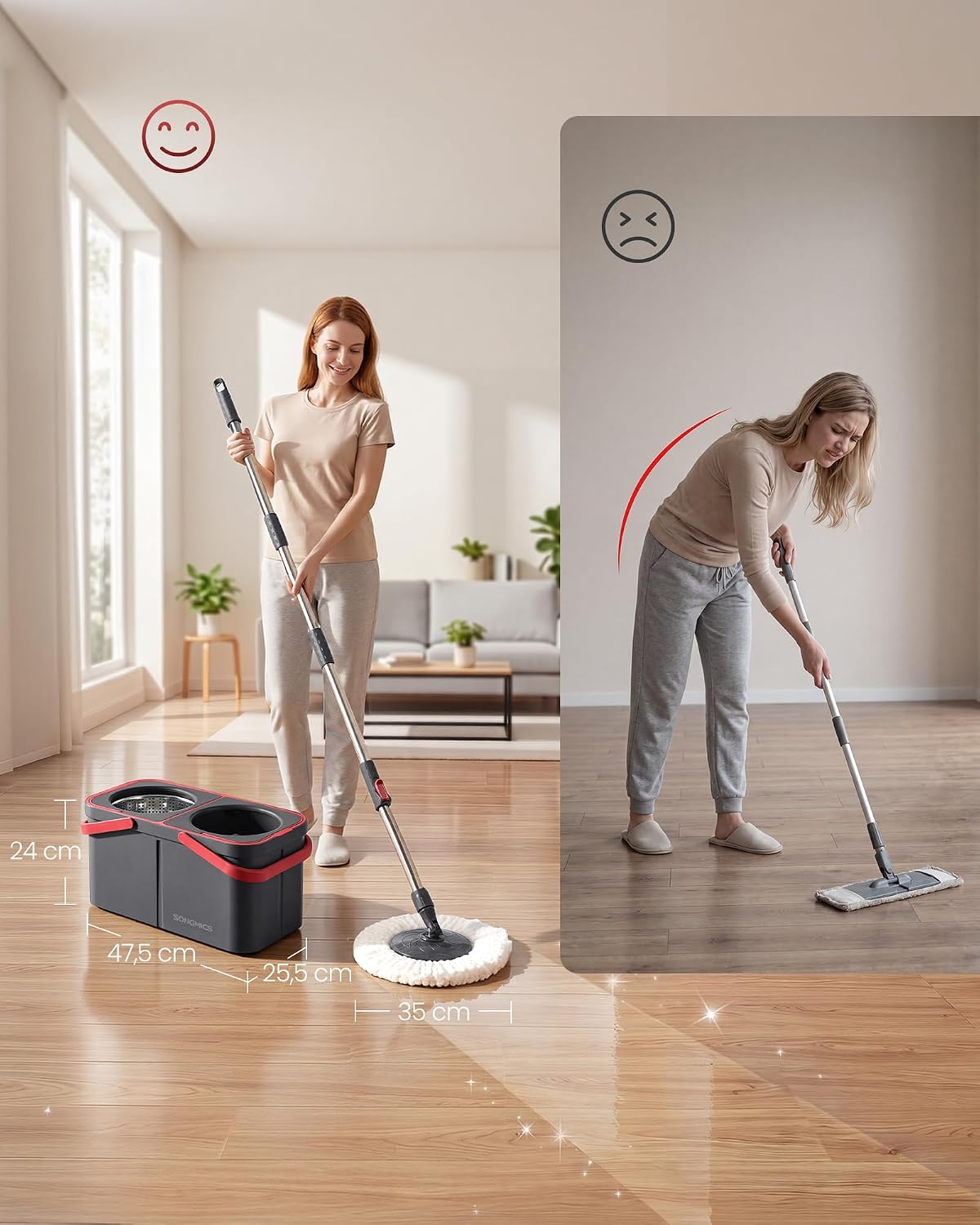 Detalle 2 de SONGMICS Clemax LMB004GT02 spinmop met emmer, schoon- en vuilwaterscheiding