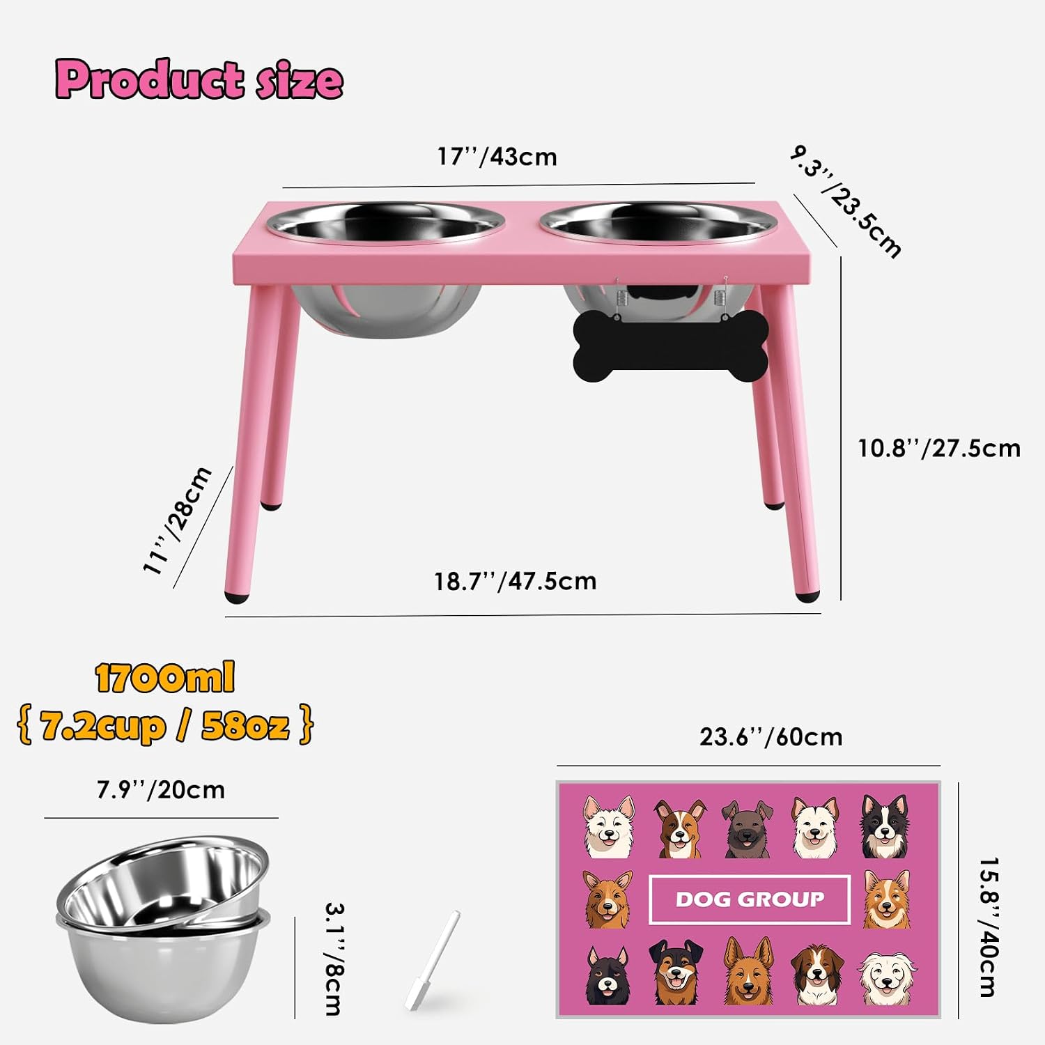 Thumbnail 2 de ADENGL support surélevé pour chiens (grande et moyenne taille) avec tapis anti-éclaboussures et 2 gamelles inox de 1,6 l, rose