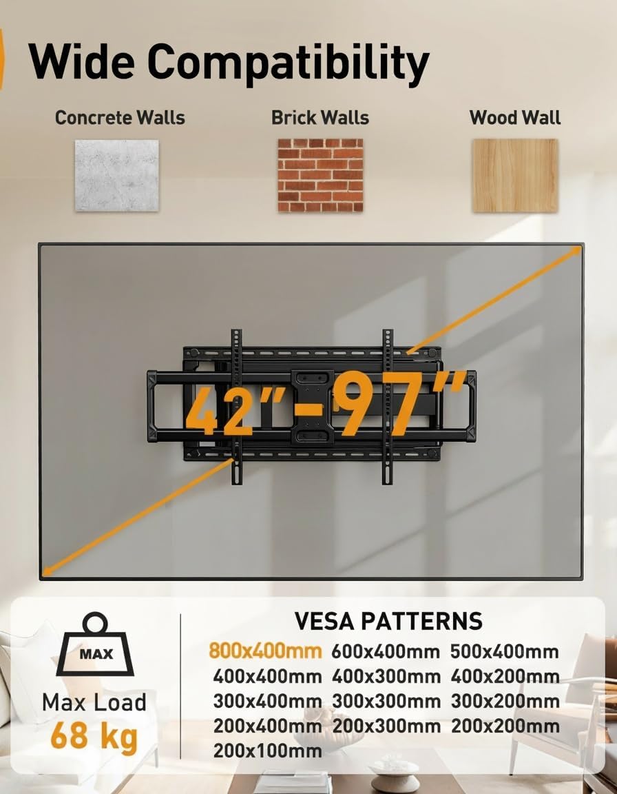 Thumbnail 1 de Supporto TV a parete Perlegear Full Motion 42-97 pollici fino a 68 kg, braccio lungo 1018 mm, VESA max 800x400