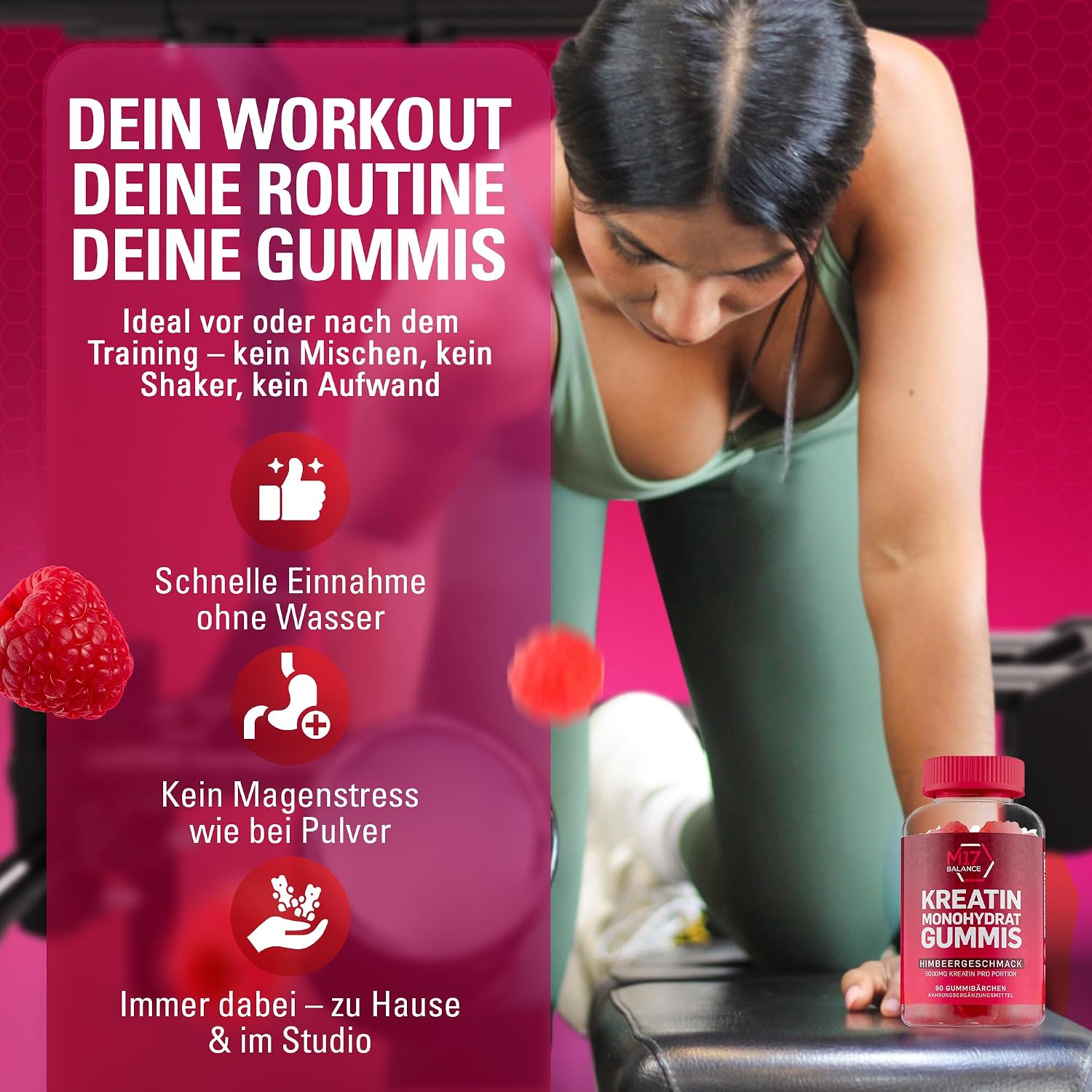 Thumbnail 3 de Creatin Monohydrat Gummibärchen mit 5.000 mg pro Portion – zuckerfreie Kreatin-Gummis vegan & glutenfrei (30 Portionen, Himbeere)