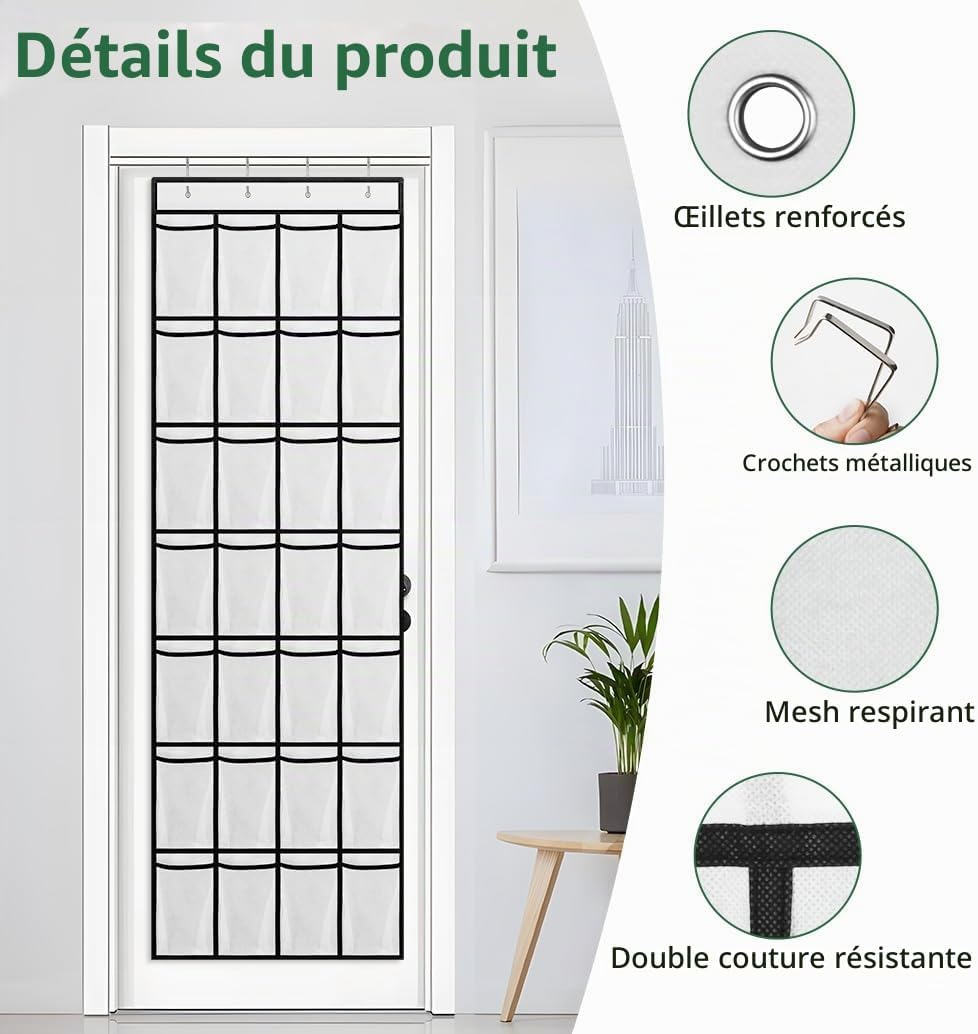 Detalle de AUAUY schoenenorganizer voor boven de deur, 28 vakken, ademend mesh, wit