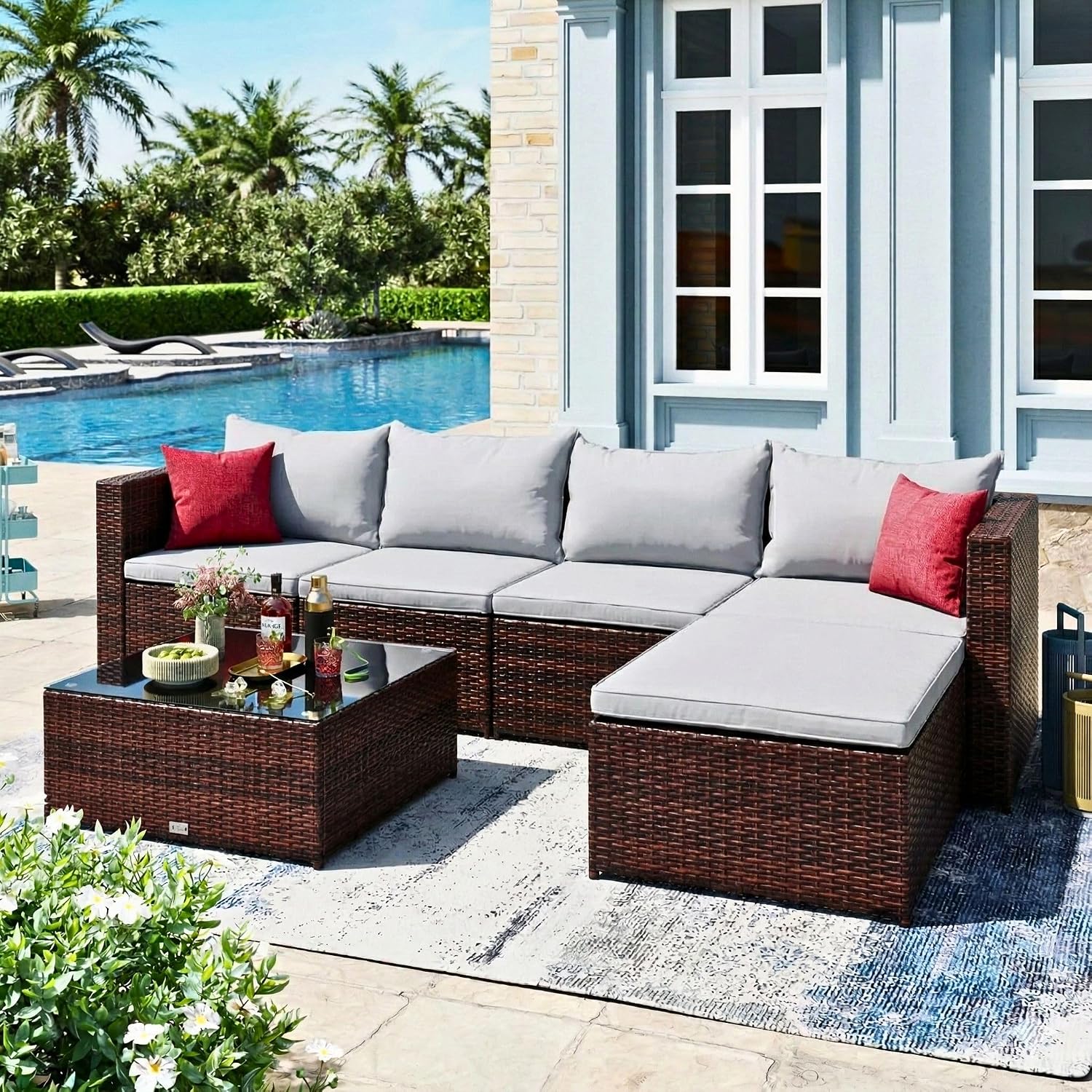 EVRE Miami Rattan Garden Furniture: 5‑Seat Corner Sofa Set with Glass Table and Cushions