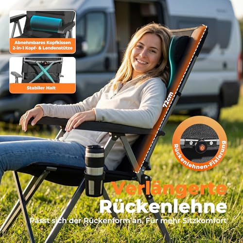 Detalle de Homecall Campingstuhl faltbar mit gepolstertem Kopfstütze Hochlehner – 150 kg belastbar