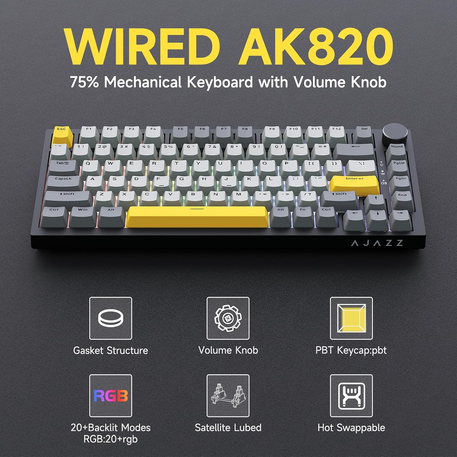 Thumbnail 1 de Ajazz AK820 75% Hot Swappable Mechanical Keyboard with Volume Knob