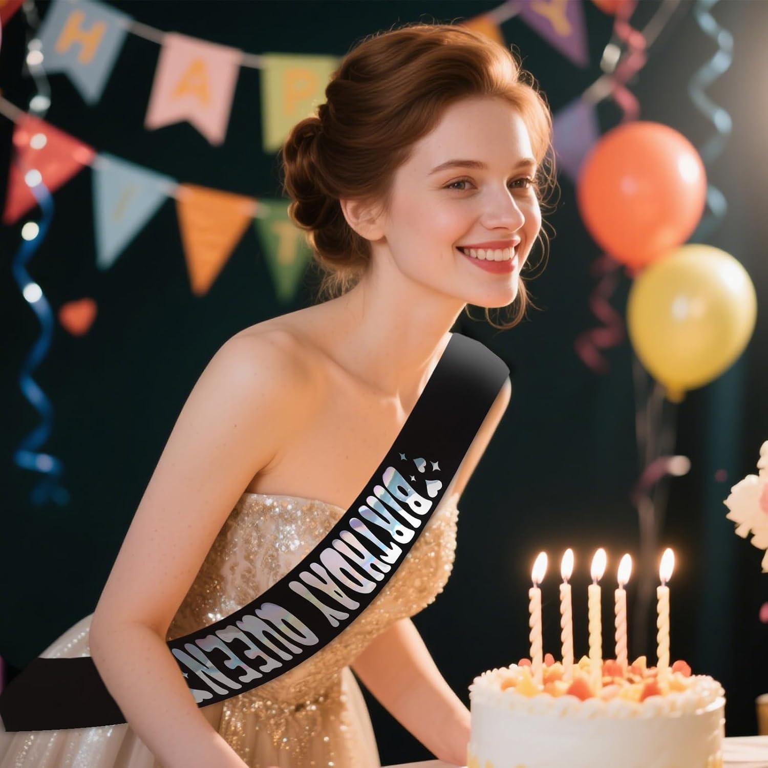 Detalle de Wanciler Birthday Satin Sash — Birthday Queen, Black with Glitter