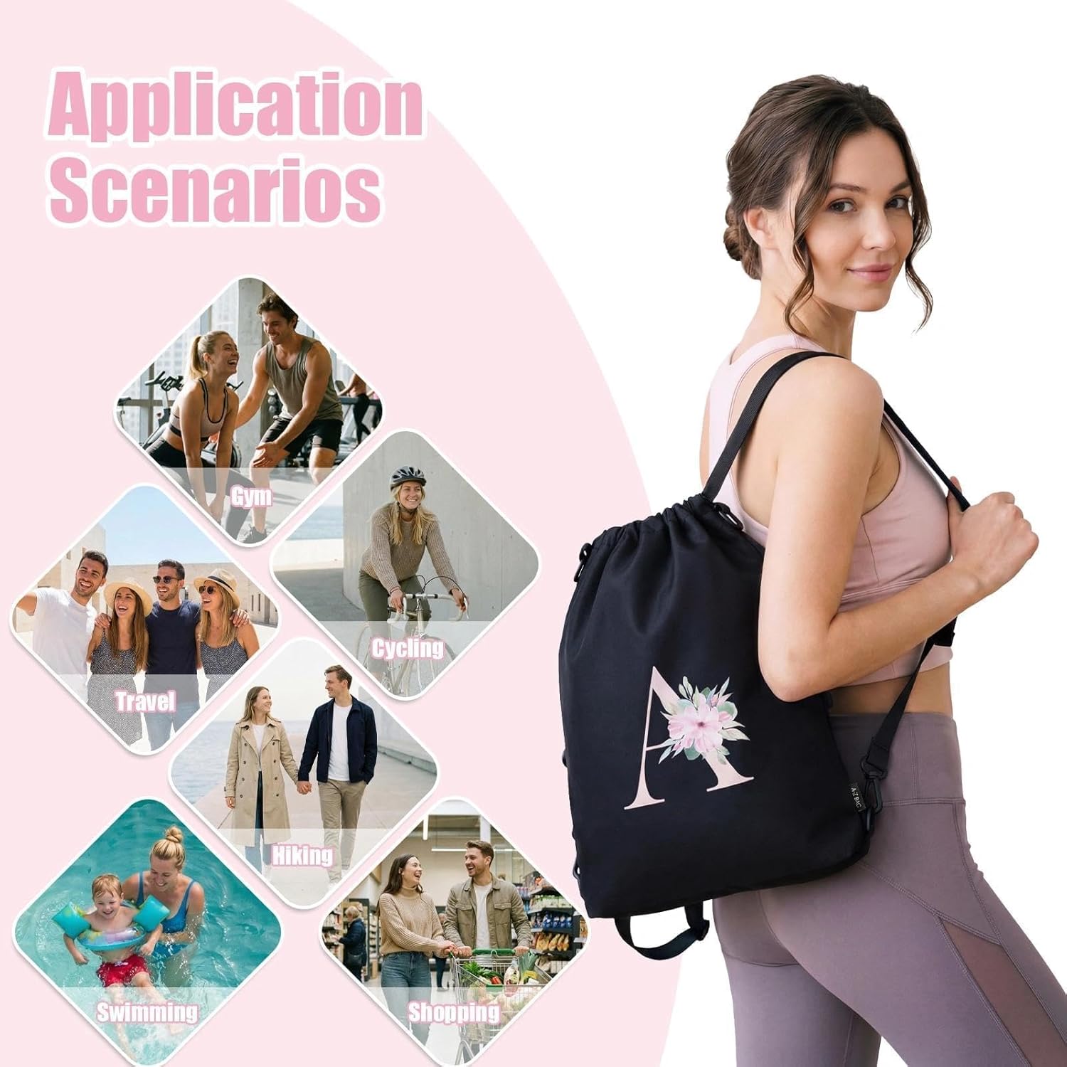 Detalle de A-Z BAG Zaino Personalizzabile con Iniziale Fiore – 4 in 1 Impermeabile Nero