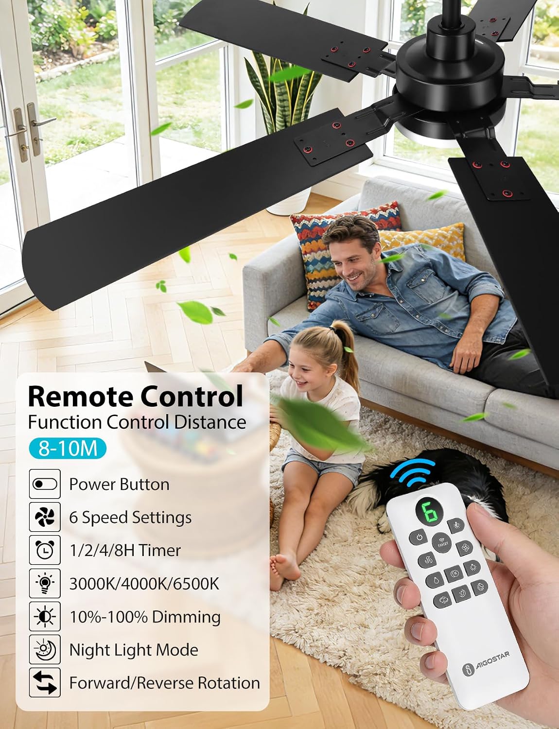 Detalle de Aigostar Ventilador de Techo con Luz 52" (Ø132 cm) – Silencioso, DC Reversible y Control Remoto
