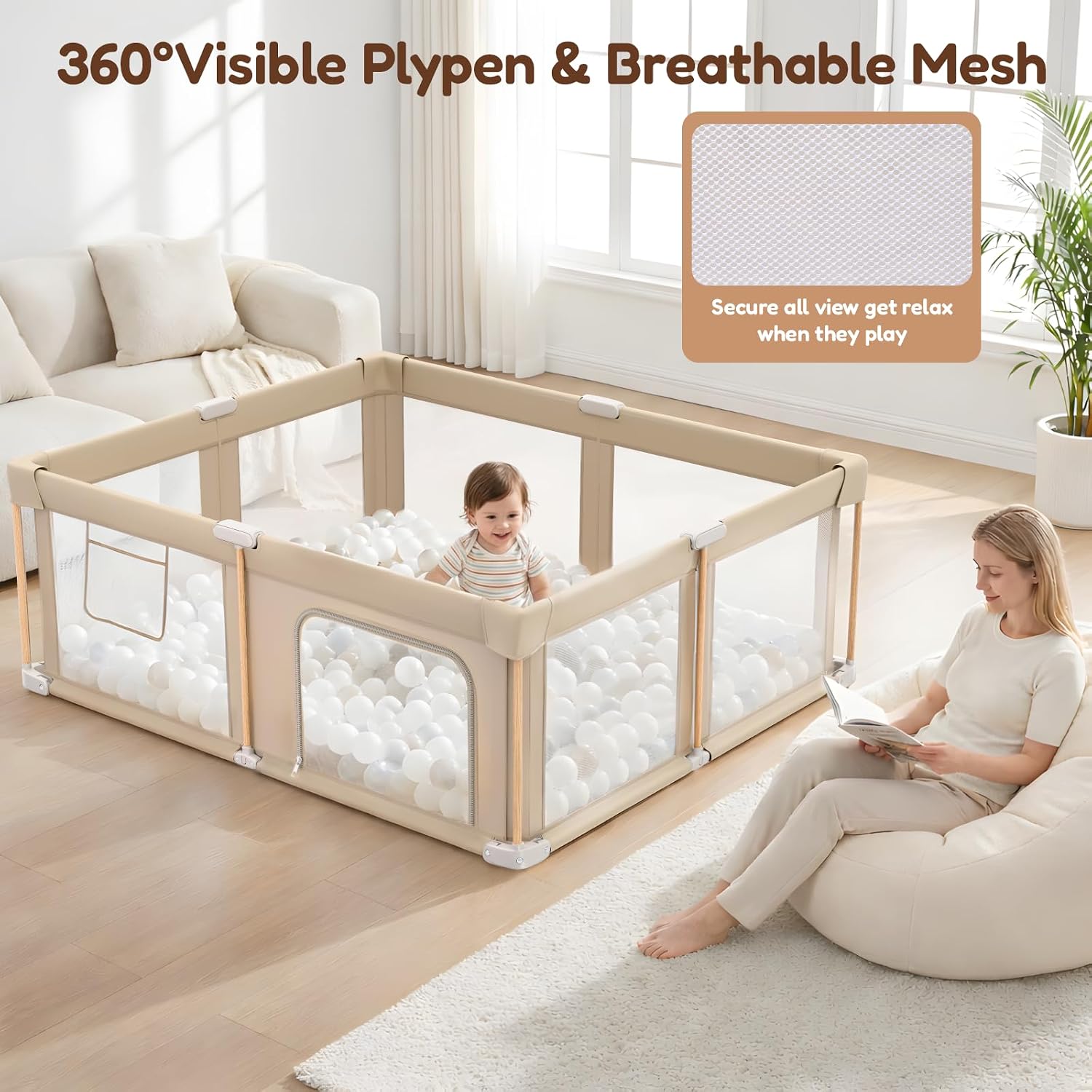 Thumbnail 6 de Cbcvvaer Foldable Baby Playpen with Mat, 71 × 79-Inch Khaki Mesh Play Yard
