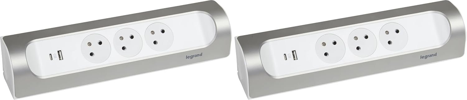 Detalle de Legrand multiprise d’angle à câbler avec terre, 3 prises surface + USB-A/USB-C (blanc et alu)