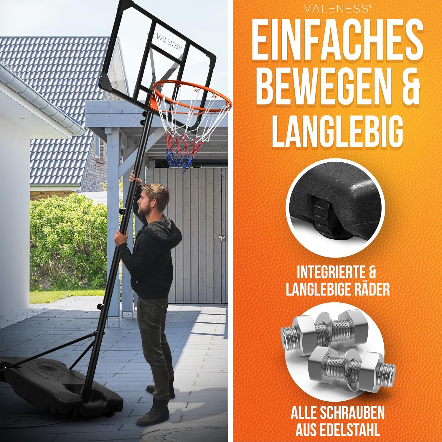 Thumbnail 6 de VALENESS® Basketballkorb Outdoor – Höhenverstellbar 135–305 cm, wetterfest, inklusive Ball, Pumpe und Anleitung