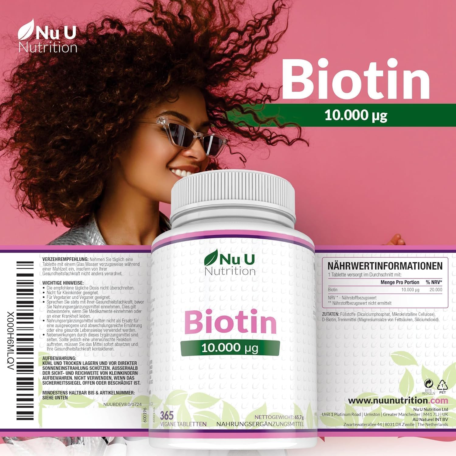 Detalle de Nu U Nutrition Biotin 10.000 mcg, 365 Tabletten 💊