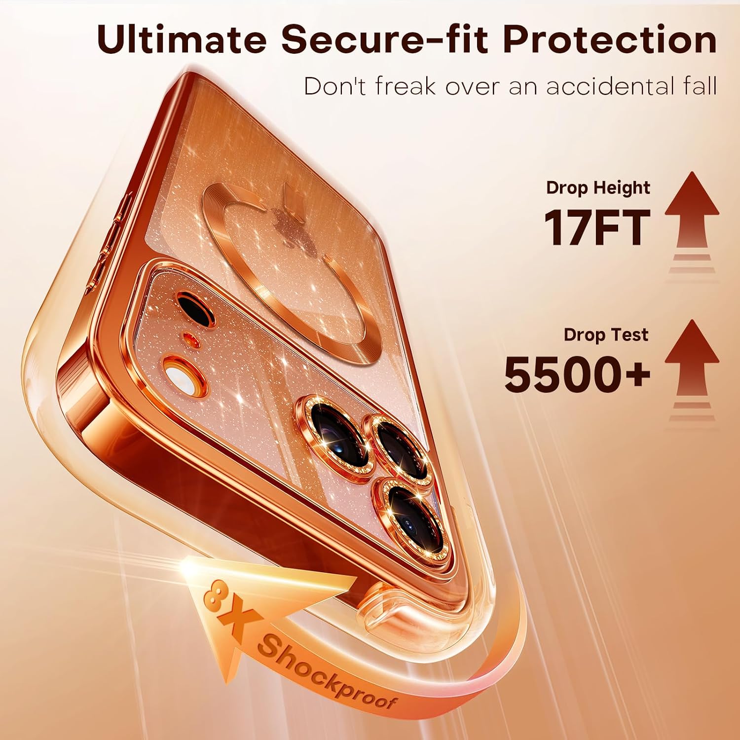 Detalle de Glitter for iPhone 17 Pro Max Case with Integrated Lens Protection, MagSafe-Compatible Sparkly Back Panel (Cosmic Orange)