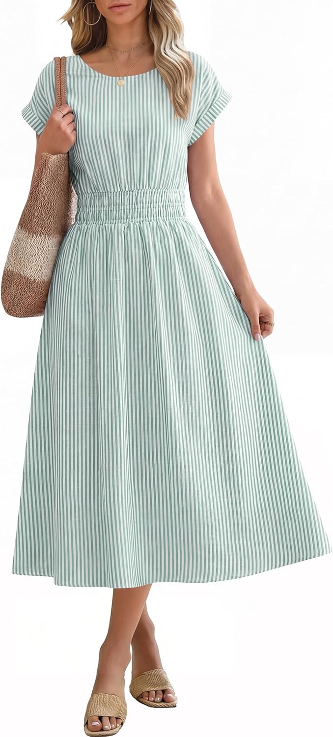 Thumbnail 6 de ANRABESS Womens Summer Midi Dress: Striped, Empire Waist, with Pockets